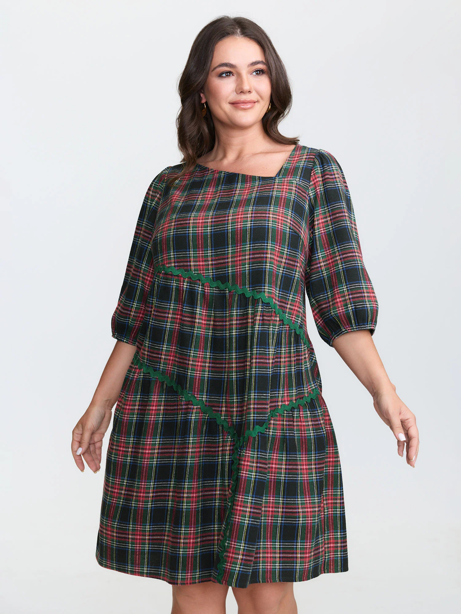 Festive Plaid Wavy Trim Mini Dress - Image 9