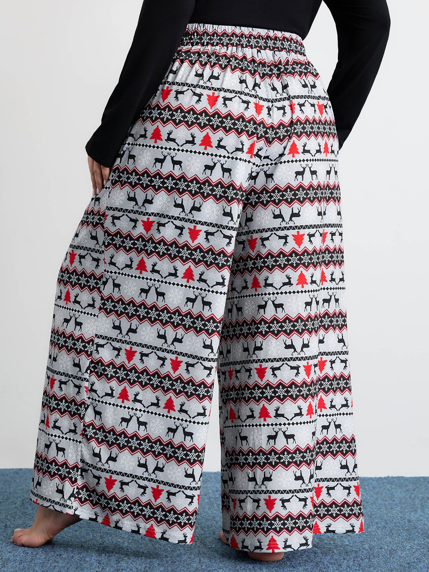 Festive Print Color Contrast Drawstring Lounge Bottoms - Image 5
