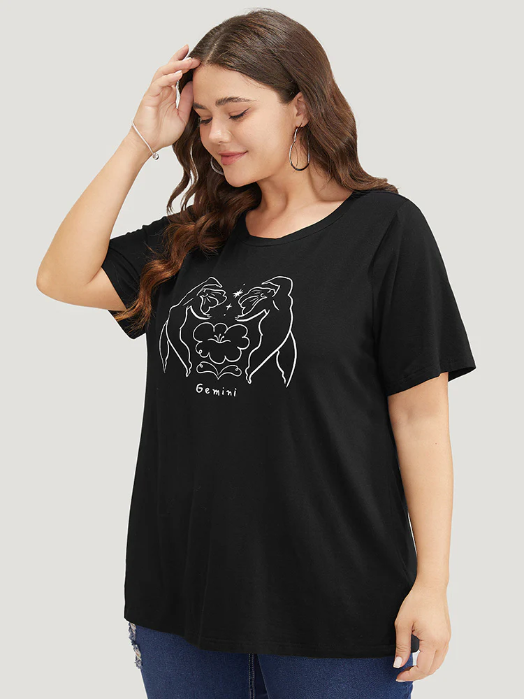Figure & Letter Print Slightly Stretchy Zodiac T-shirt - Image 3