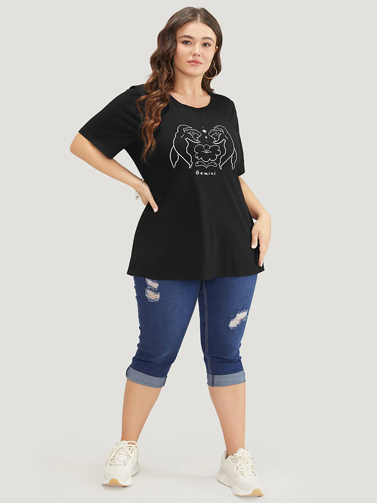 Figure & Letter Print Slightly Stretchy Zodiac T-shirt - Image 4