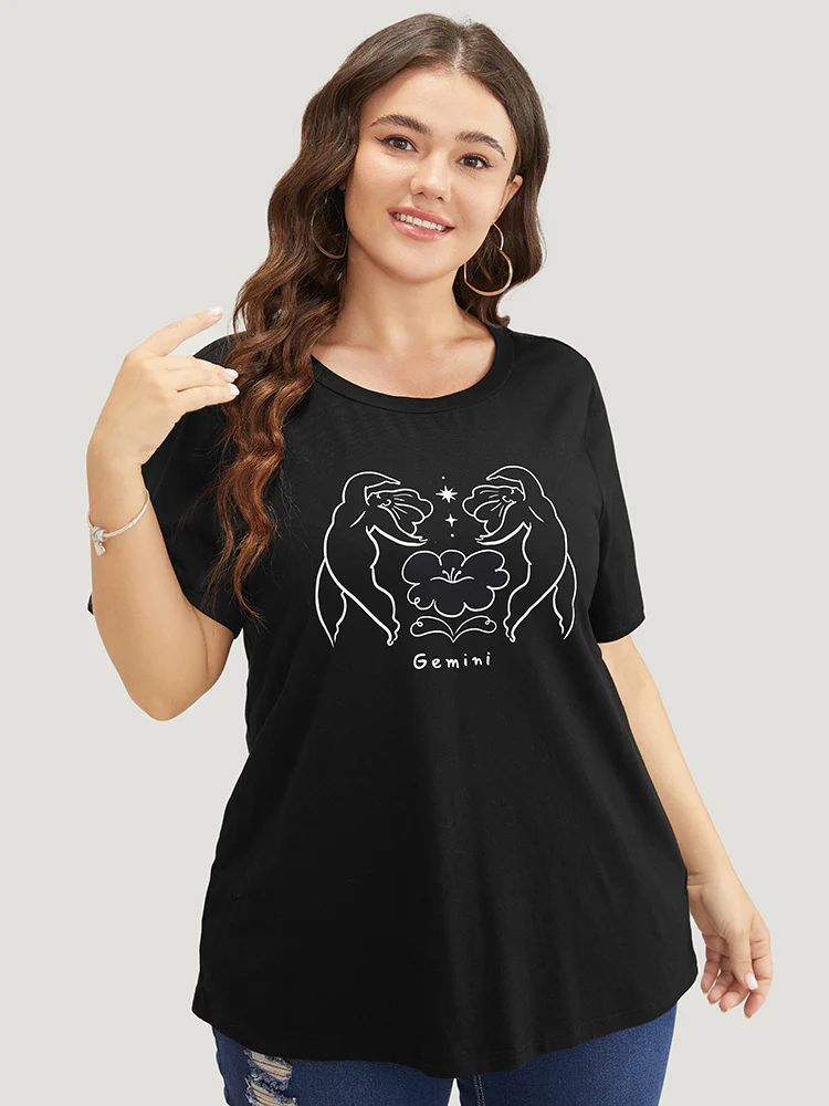 Figure & Letter Print Slightly Stretchy Zodiac T-shirt - Image 5