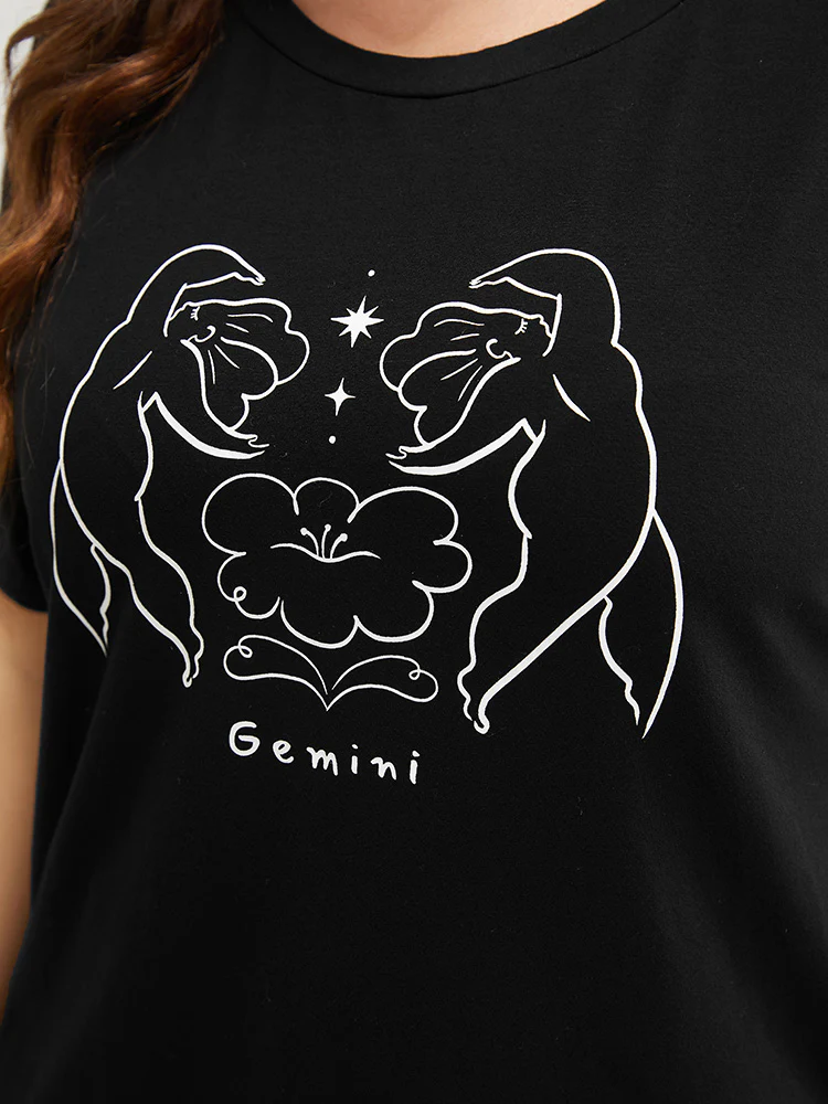 Figure & Letter Print Slightly Stretchy Zodiac T-shirt - Image 6