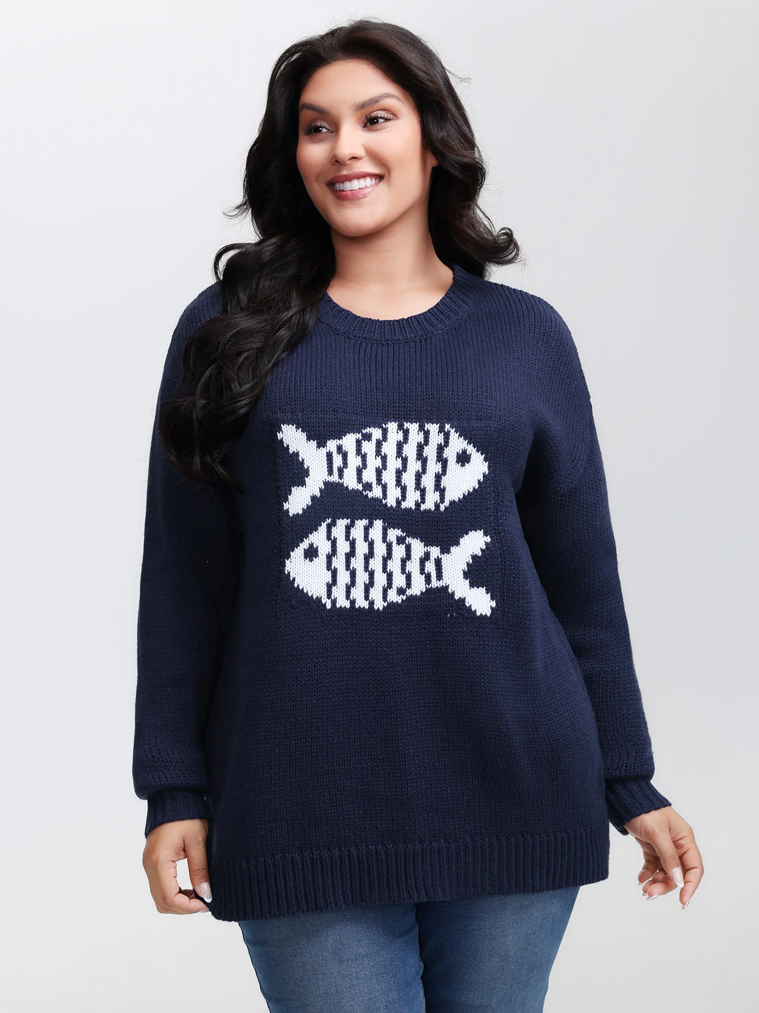 Fish Jacquard Print Round Neck Pullover - Image 2