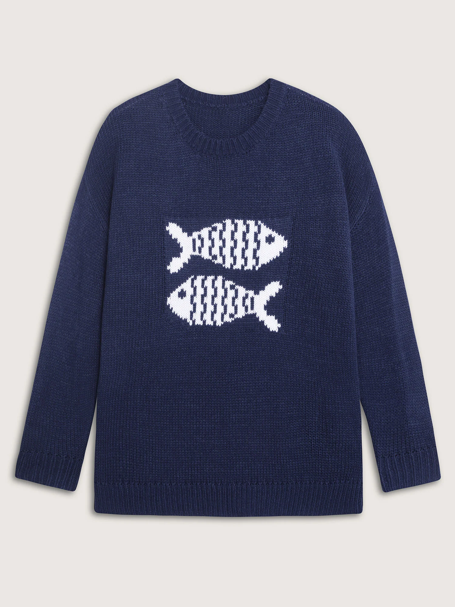 Fish Jacquard Print Round Neck Pullover - Image 7