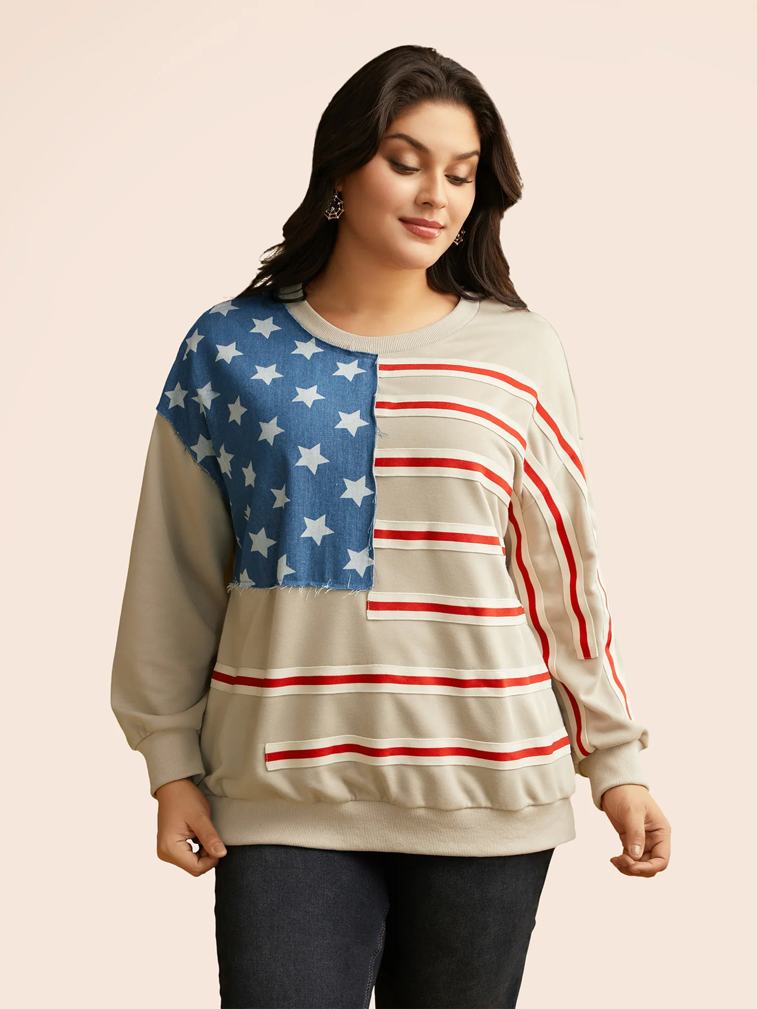 Flag And Denim Spliced Crew Neck Sweatshirt - Image 2