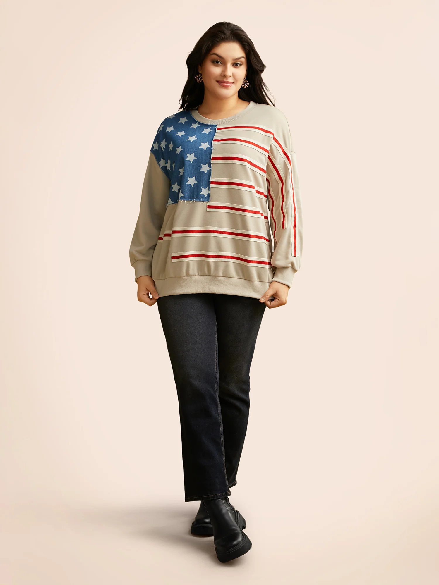 Flag And Denim Spliced Crew Neck Sweatshirt - Image 3