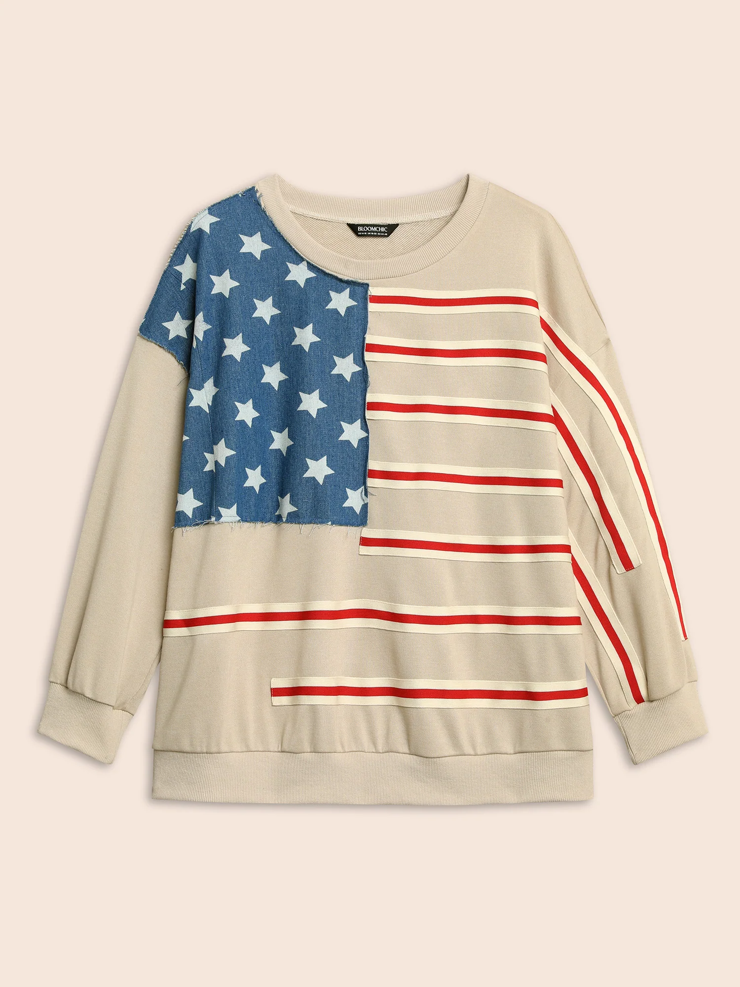 Flag And Denim Spliced Crew Neck Sweatshirt - Image 7