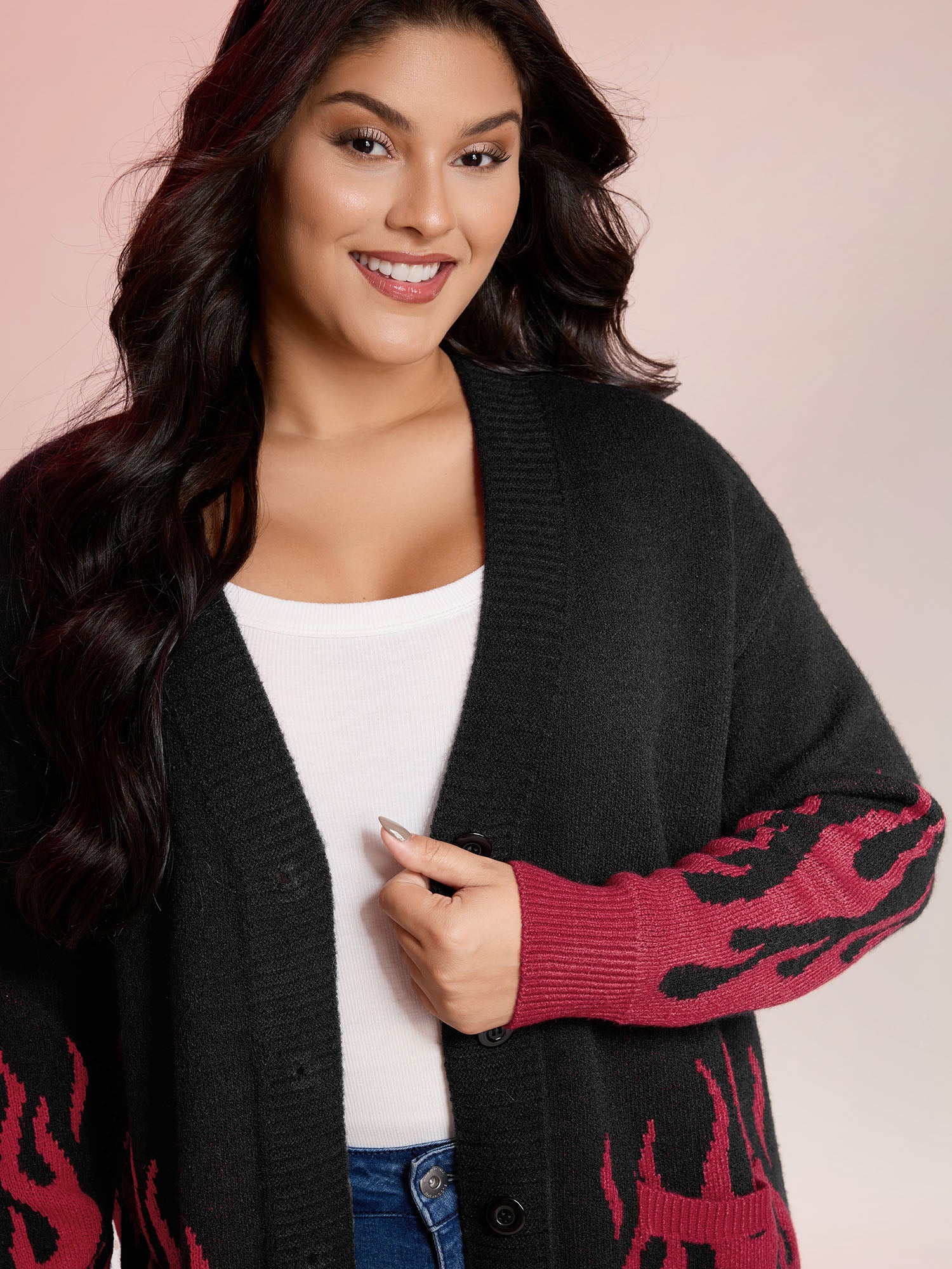 Flame Pattern Ribbed Hem Pockets Knit Cardigan - Image 2