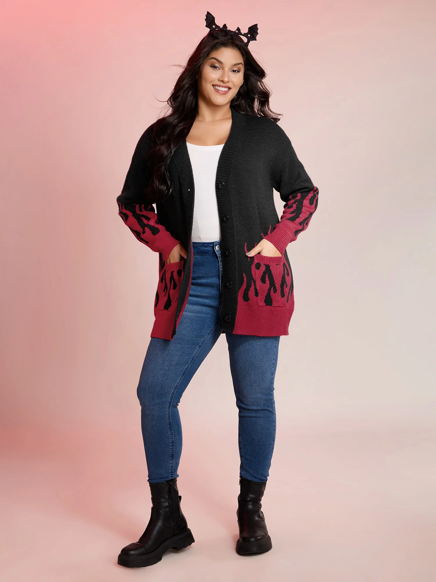 Flame Pattern Ribbed Hem Pockets Knit Cardigan - Image 3