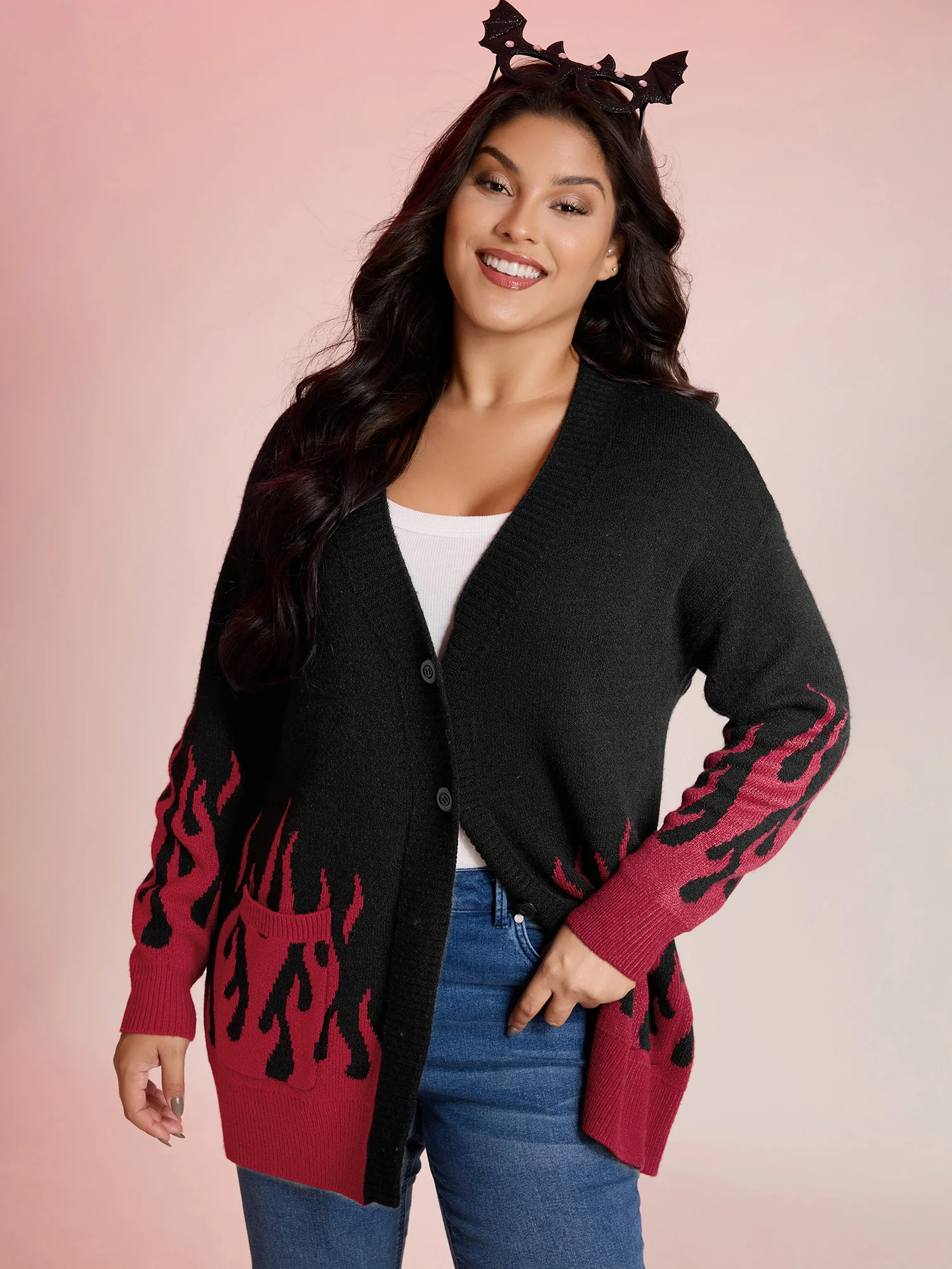 Flame Pattern Ribbed Hem Pockets Knit Cardigan - Image 4