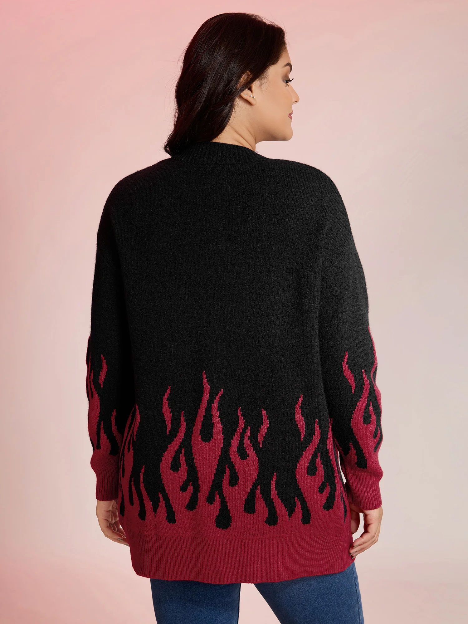 Flame Pattern Ribbed Hem Pockets Knit Cardigan - Image 5