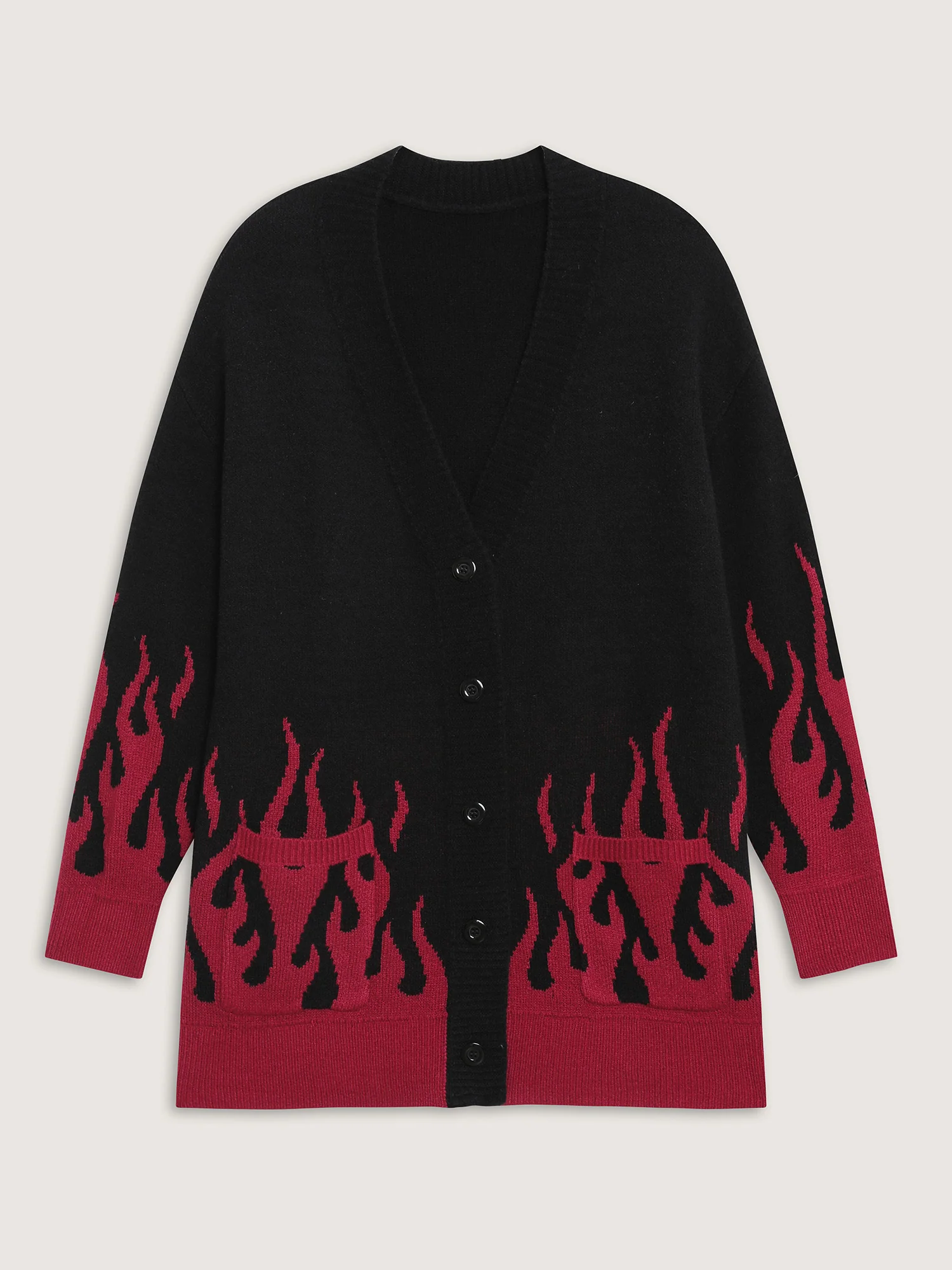 Flame Pattern Ribbed Hem Pockets Knit Cardigan - Image 9