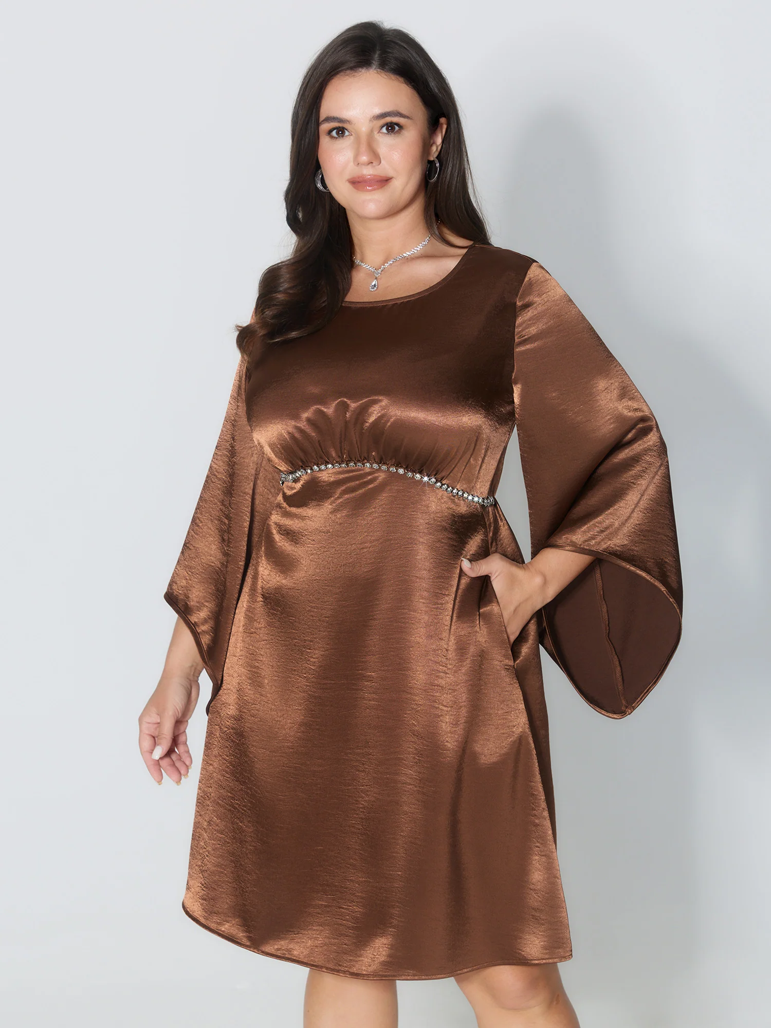 Flared Sleeve Metal Detail Waistline Mini Dress - Image 2