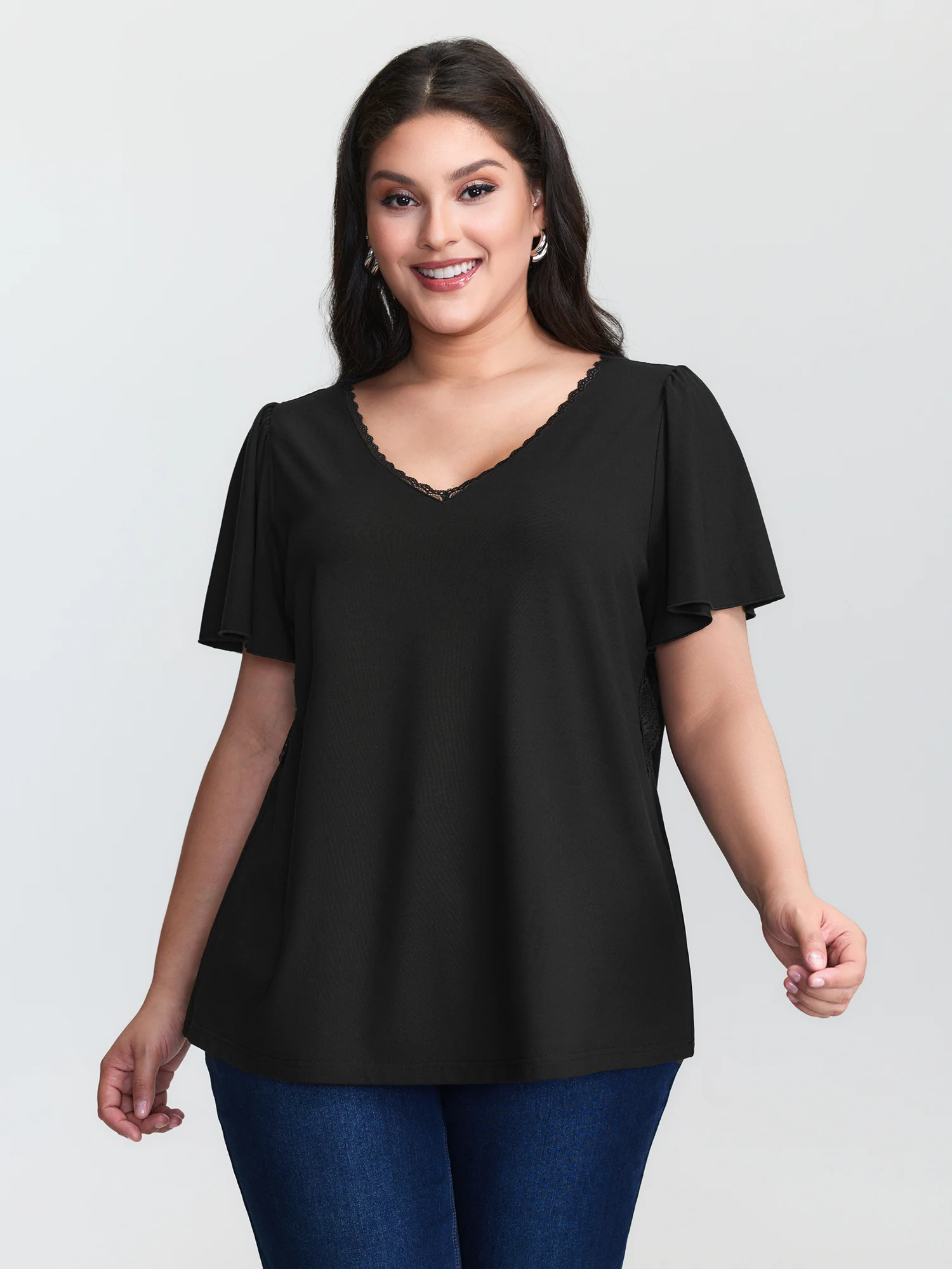 Flared Sleeve Plain V-Neck Knit Top - Image 2