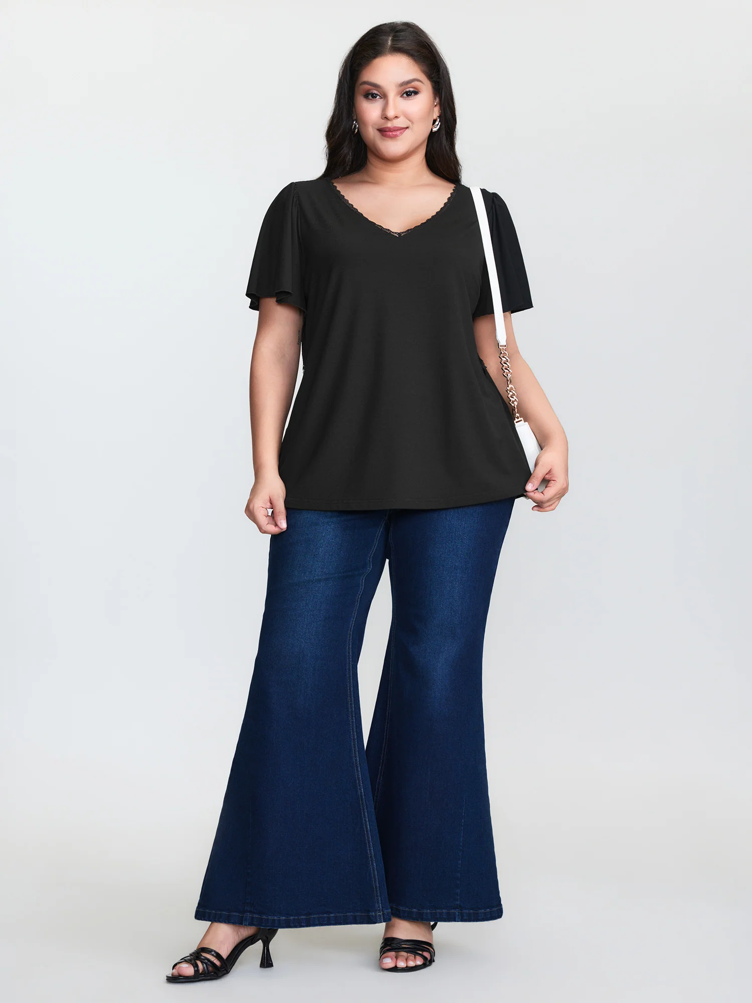 Flared Sleeve Plain V-Neck Knit Top - Image 4