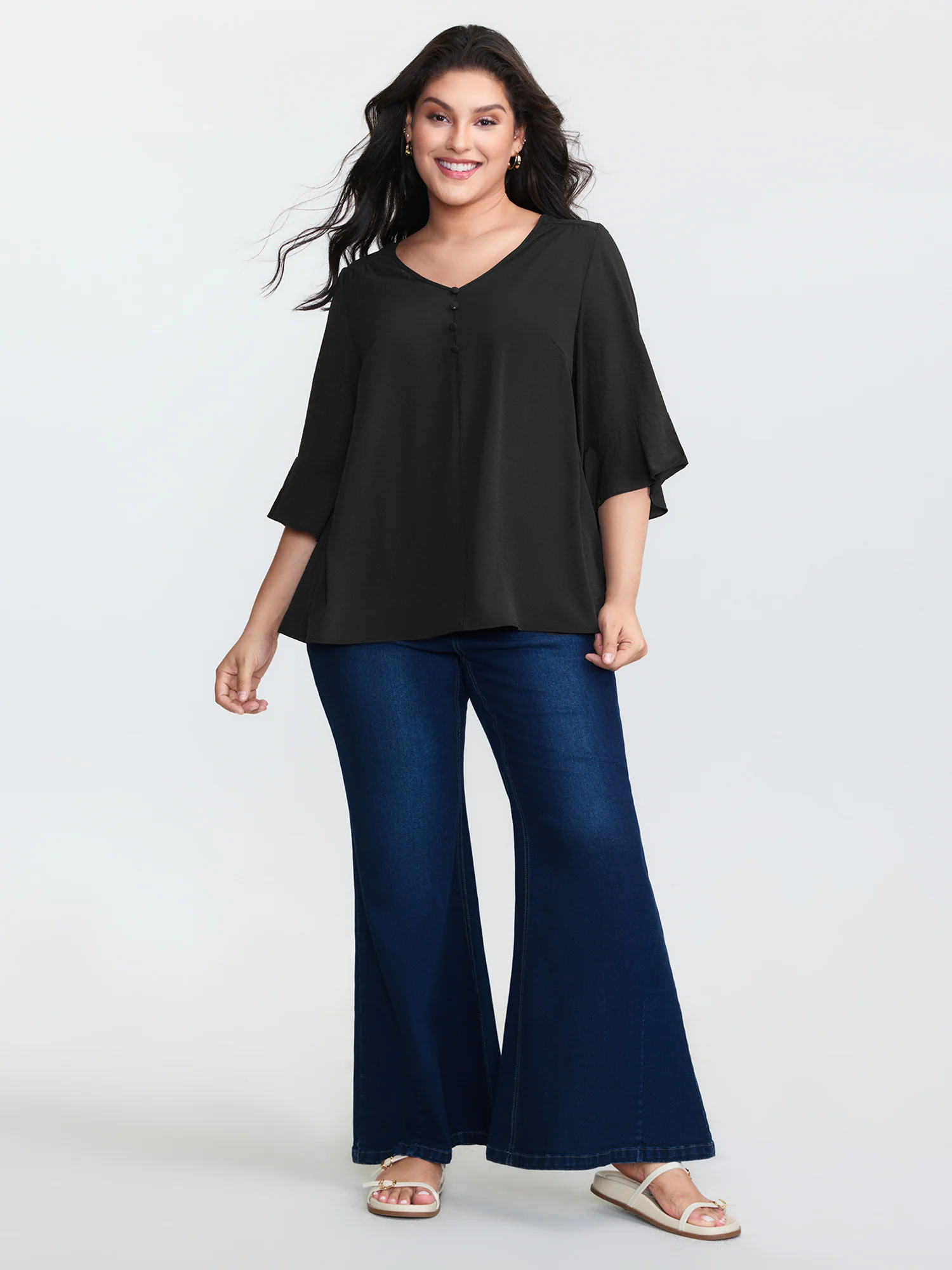 Flared Sleeve V-Neck Drape Blouse - Image 2