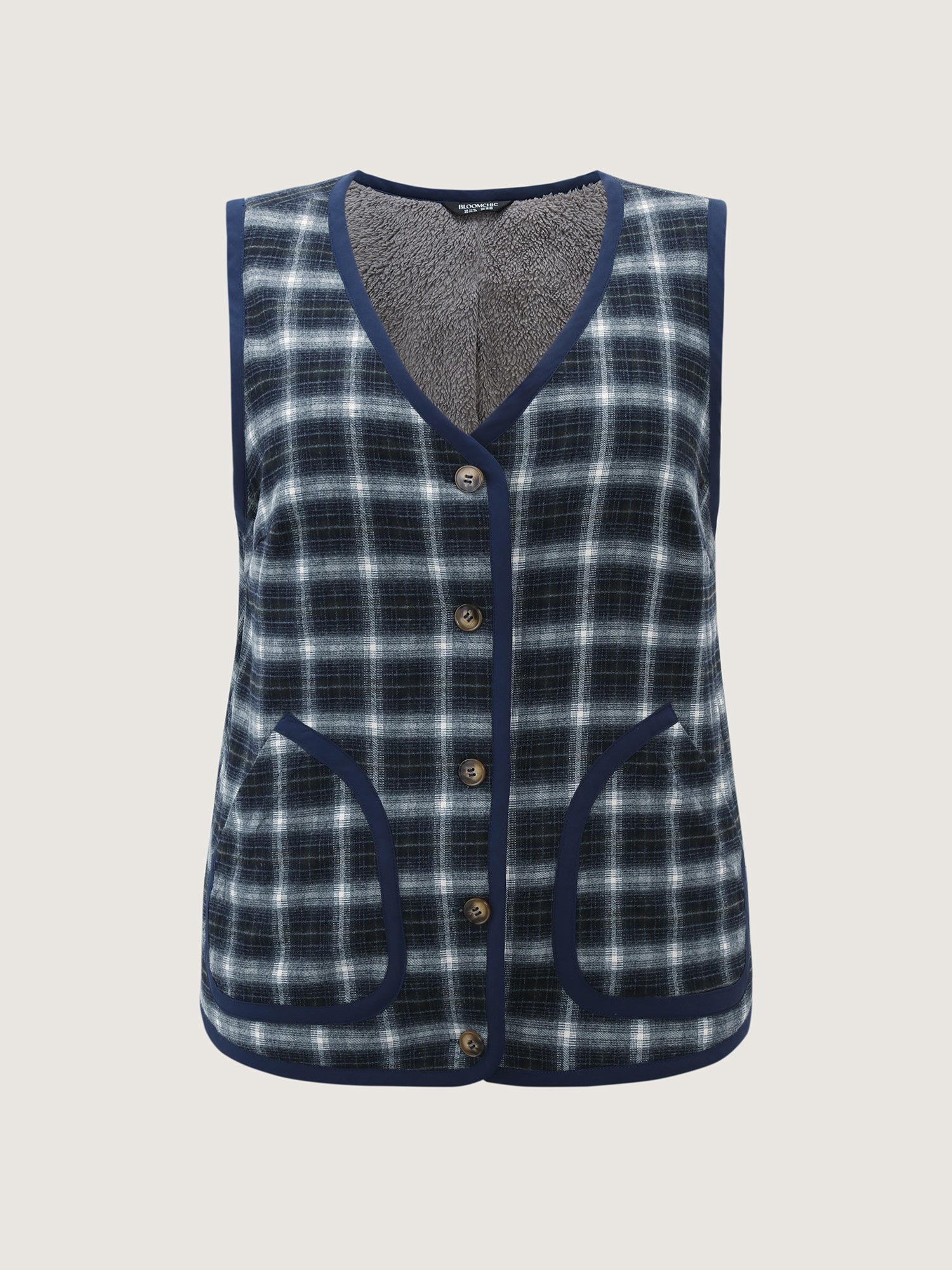 Fleece Checkered Pattern Button-Down Vest - Image 5