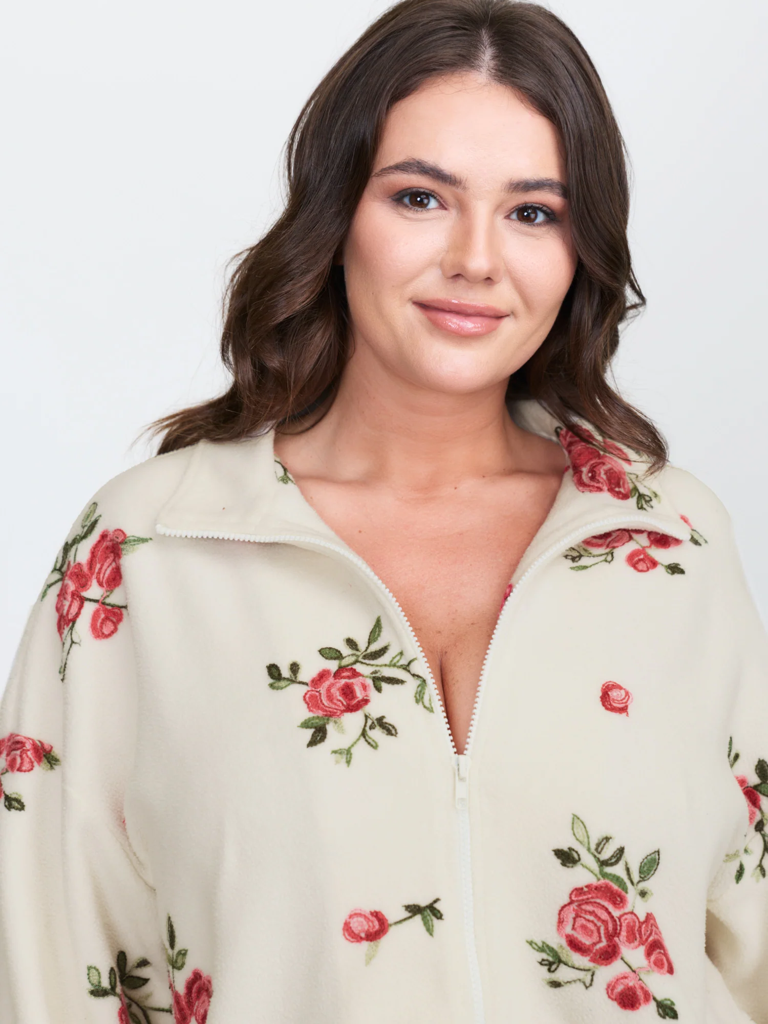 Fleece Floral Embroidered Zipper Sweatshirt - Image 2