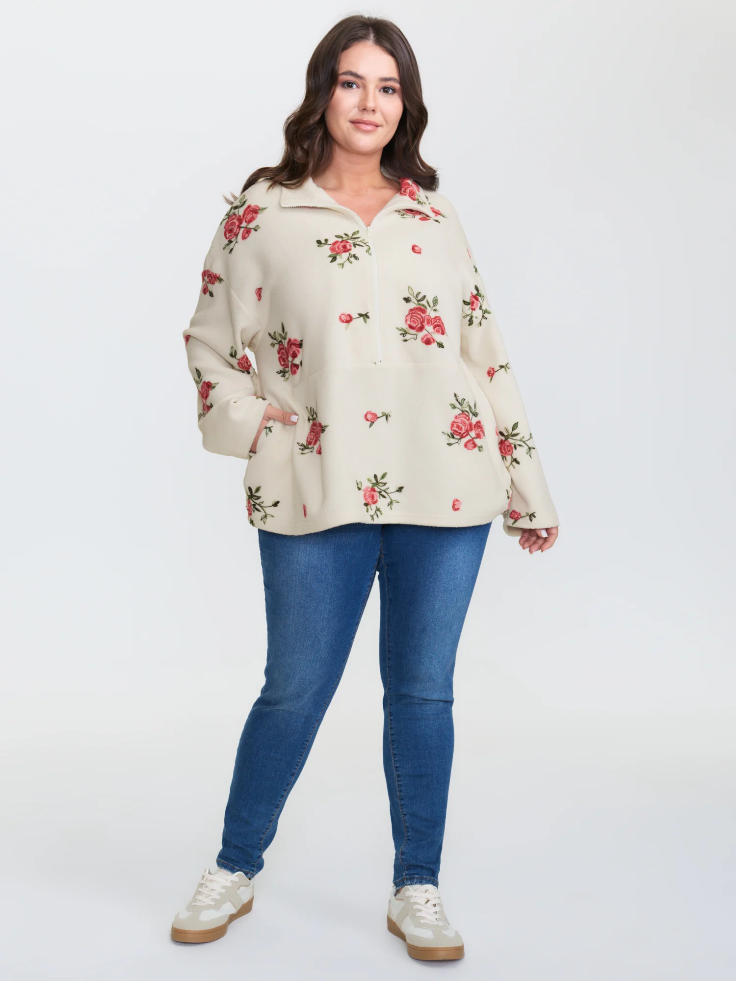 Fleece Floral Embroidered Zipper Sweatshirt - Image 3