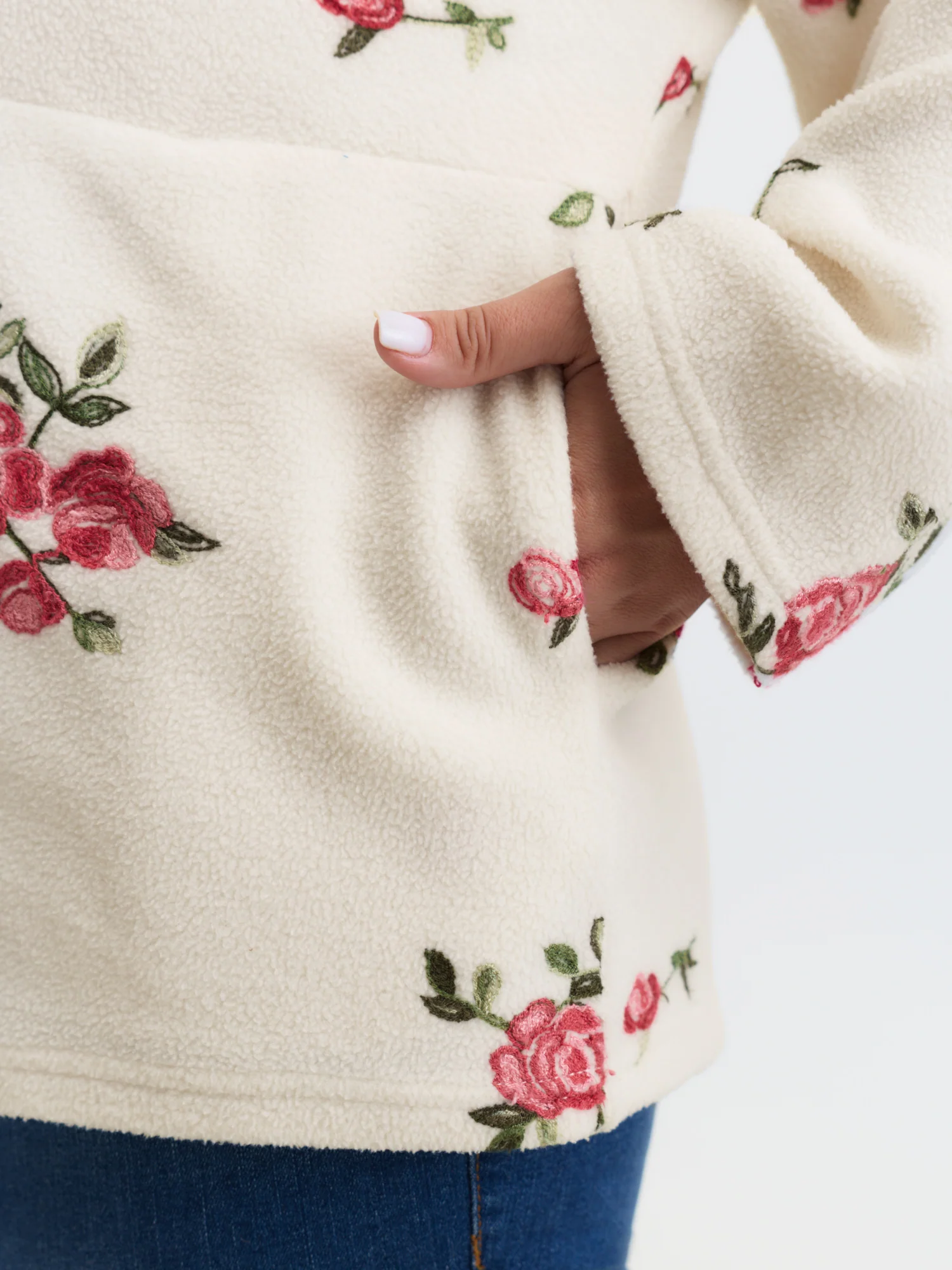 Fleece Floral Embroidered Zipper Sweatshirt - Image 4