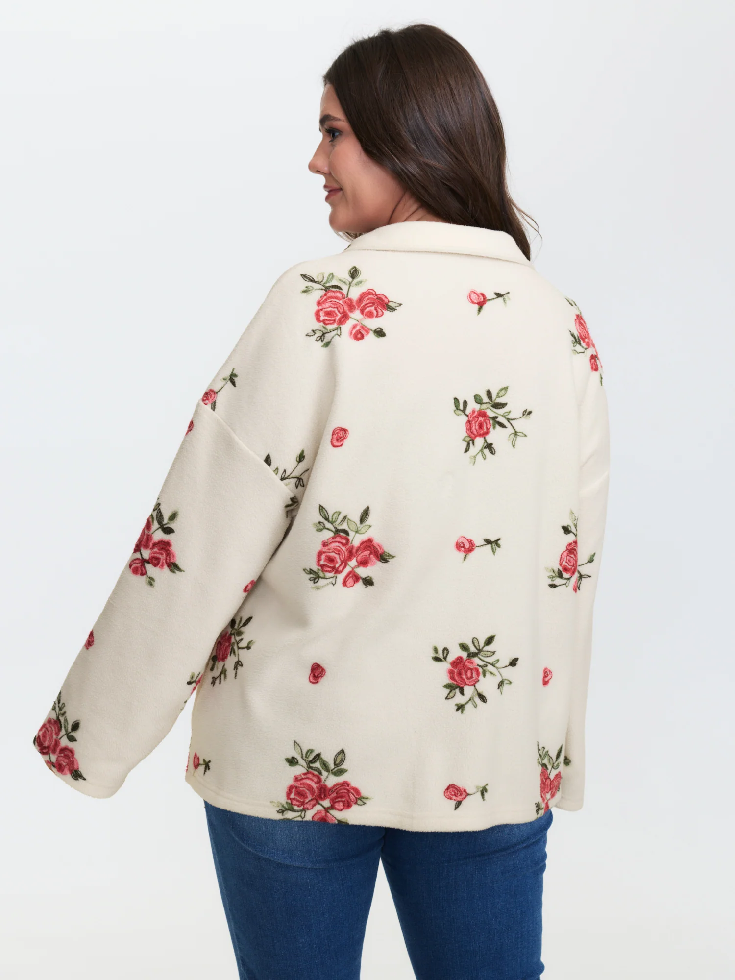 Fleece Floral Embroidered Zipper Sweatshirt - Image 5