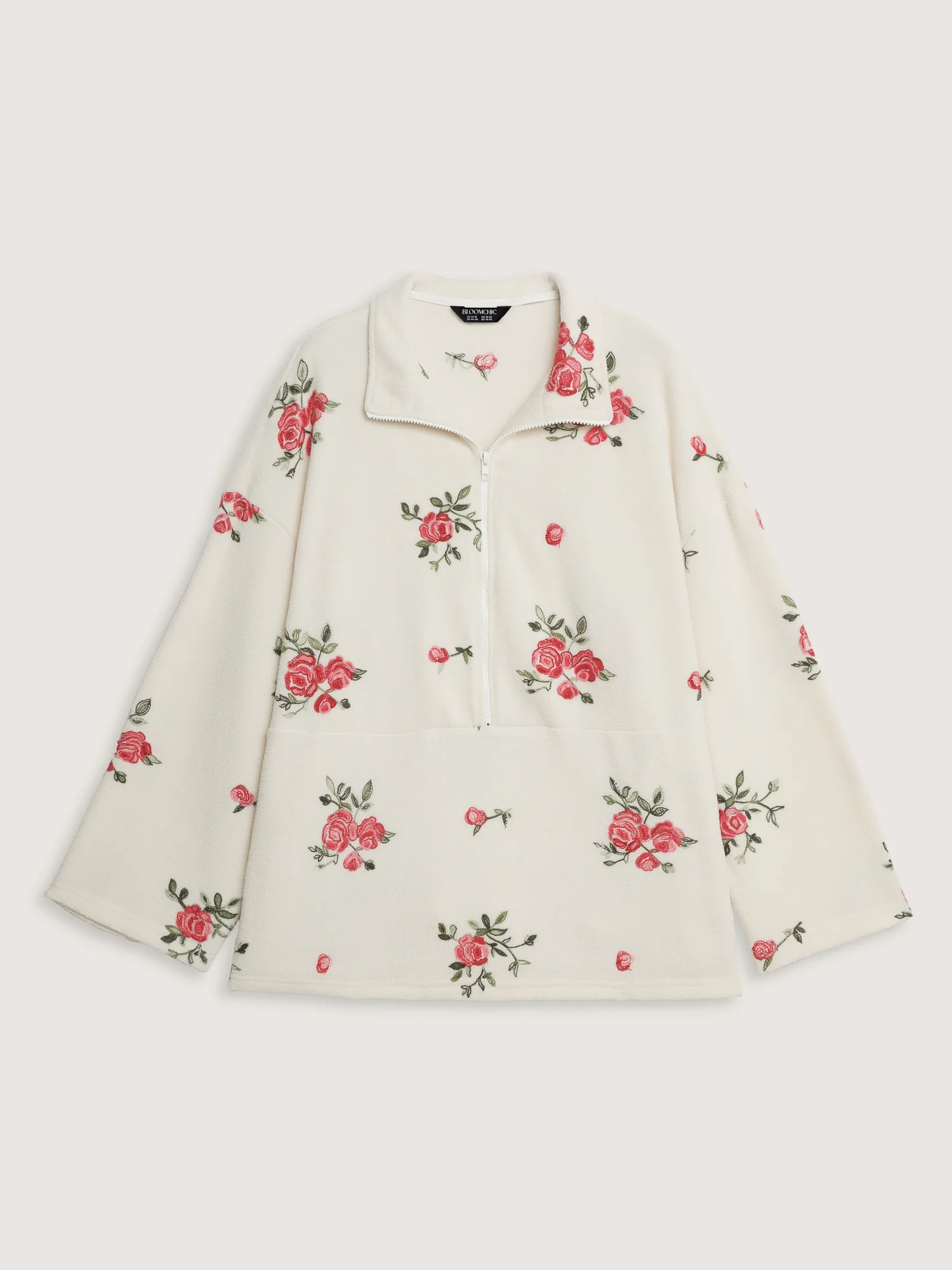 Fleece Floral Embroidered Zipper Sweatshirt - Image 8