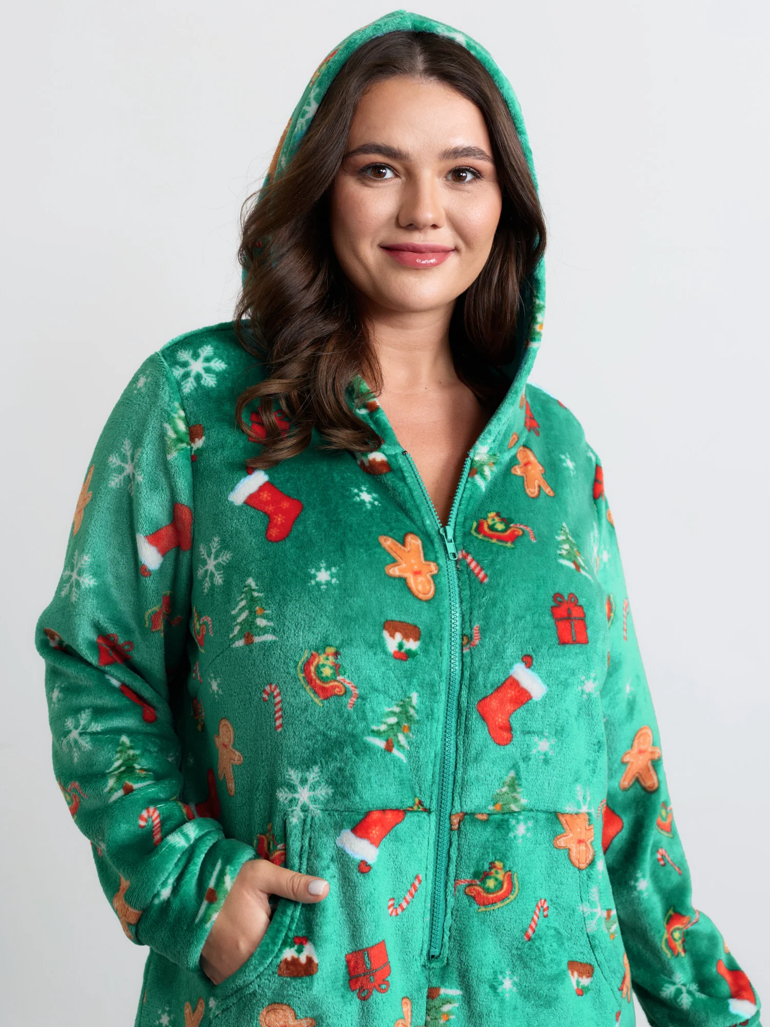 Fleece Holiday Joy Pockets Hooded Pajama Onesie - Image 2