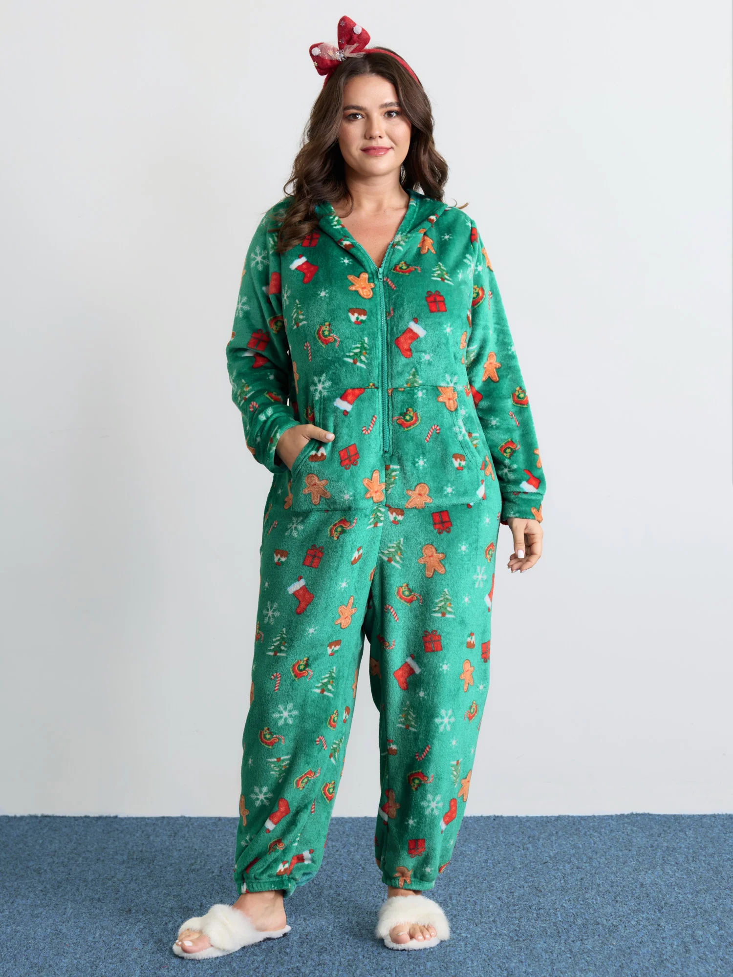 Fleece Holiday Joy Pockets Hooded Pajama Onesie - Image 3