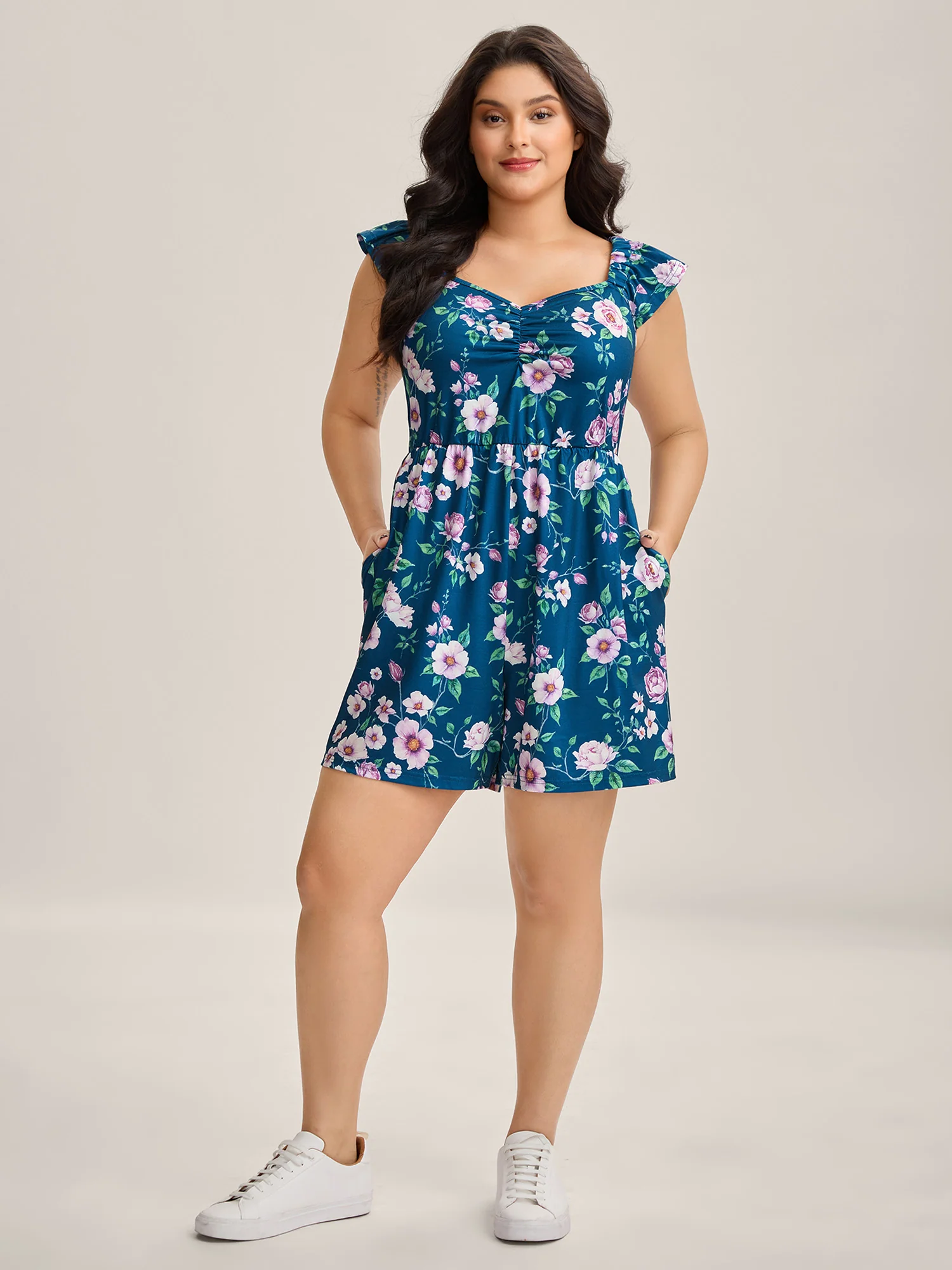 Flirty Floral Print Cinched-Waist Romper - Image 3