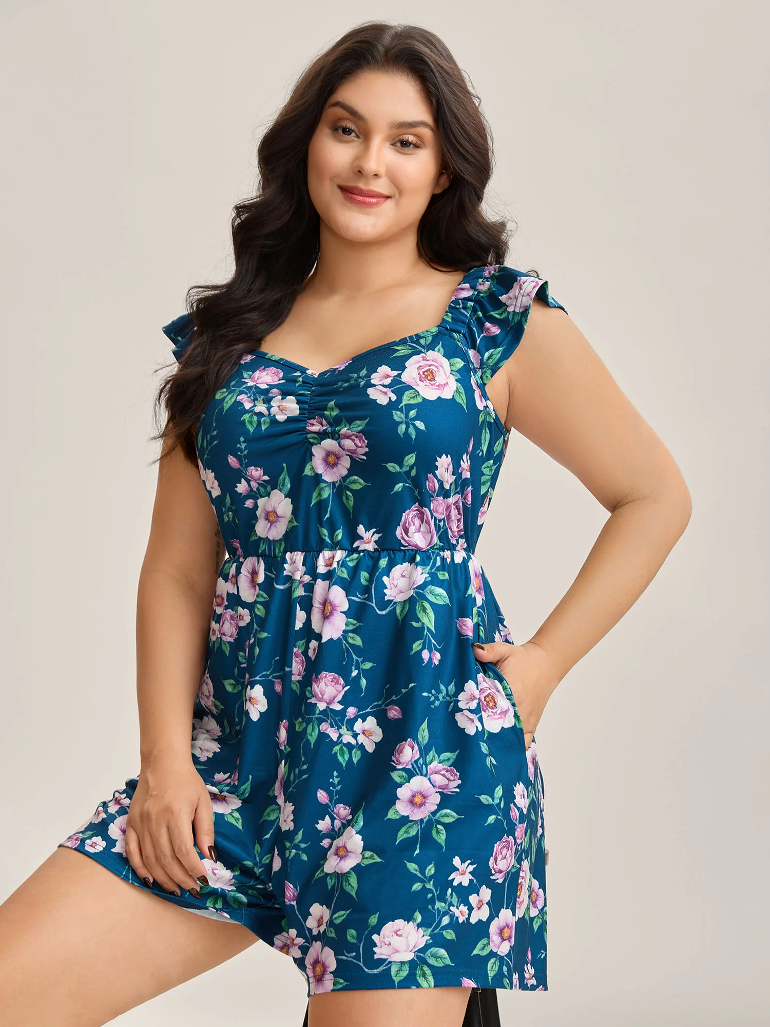 Flirty Floral Print Cinched-Waist Romper - Image 4