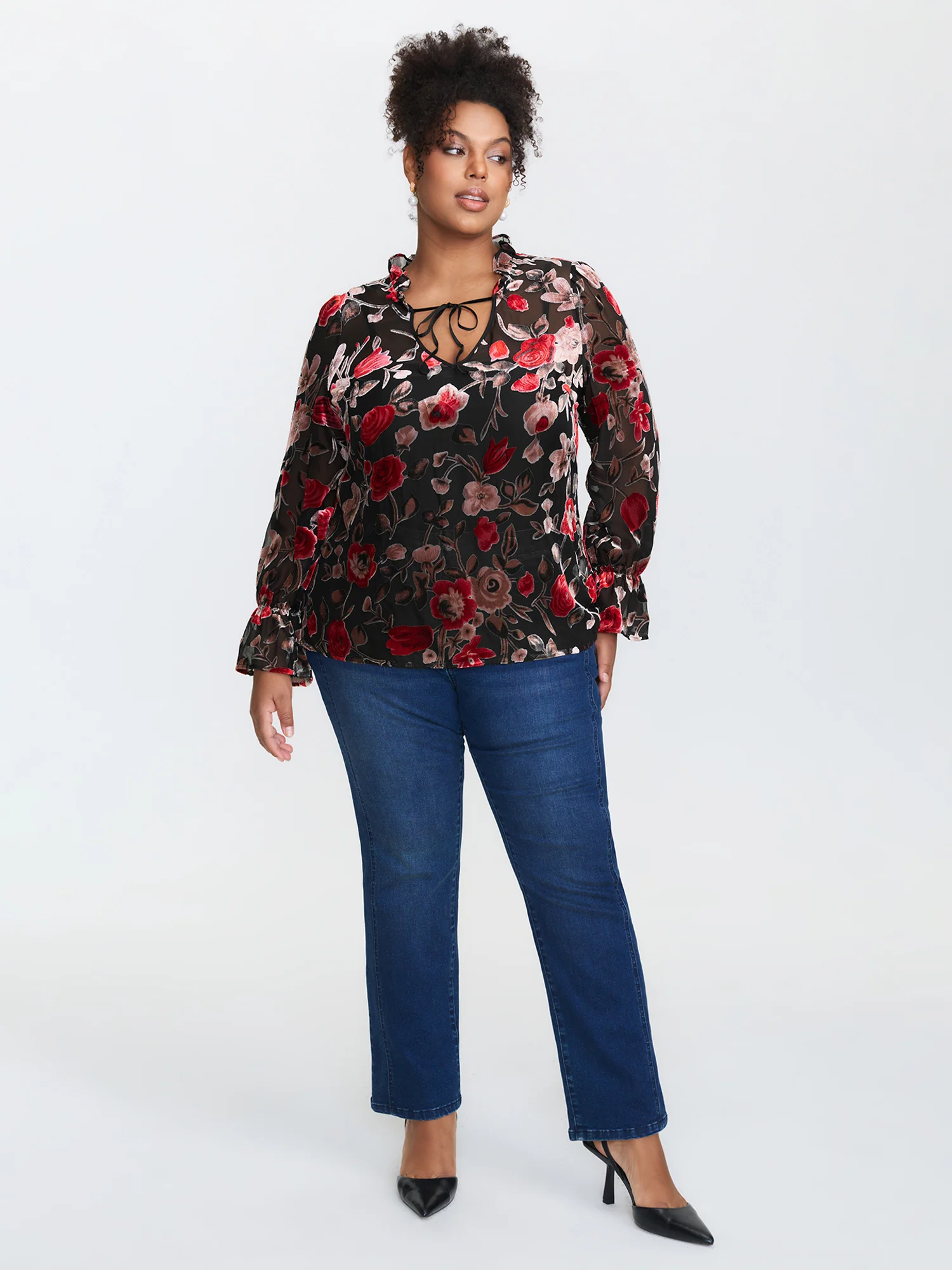 Flock Floral Ruffled Cuff Blouse - Image 2