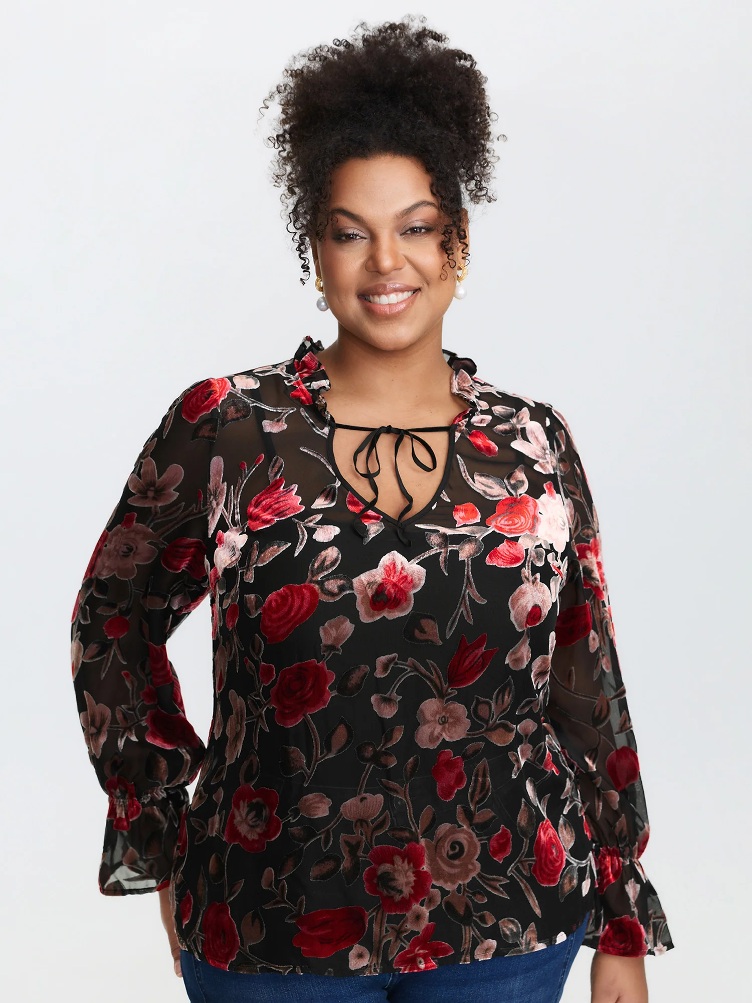 Flock Floral Ruffled Cuff Blouse - Image 3