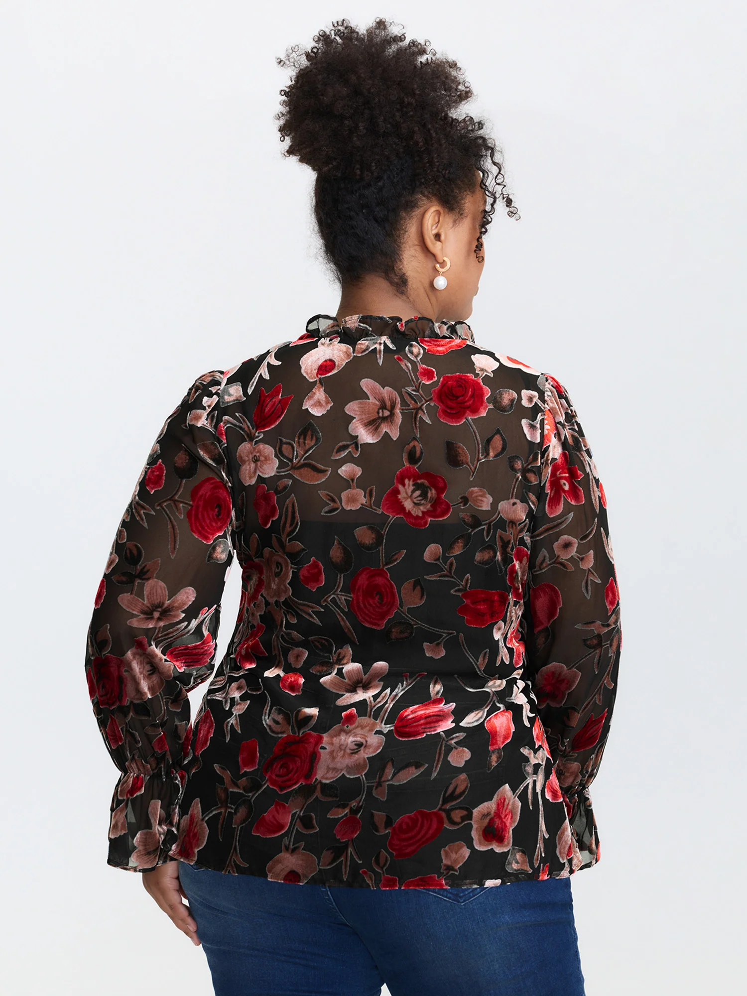 Flock Floral Ruffled Cuff Blouse - Image 4