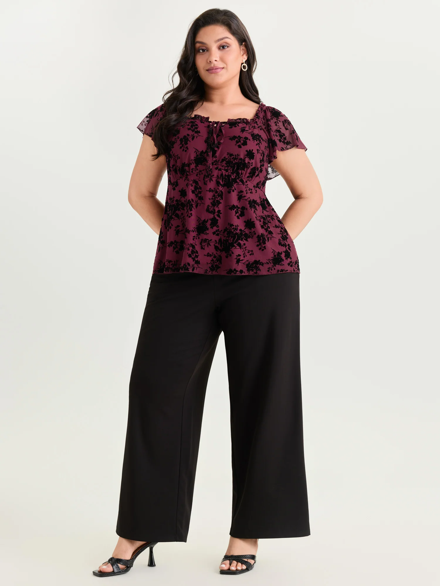 Flocked Floral Drawstring Neckline Knit Top - Image 10