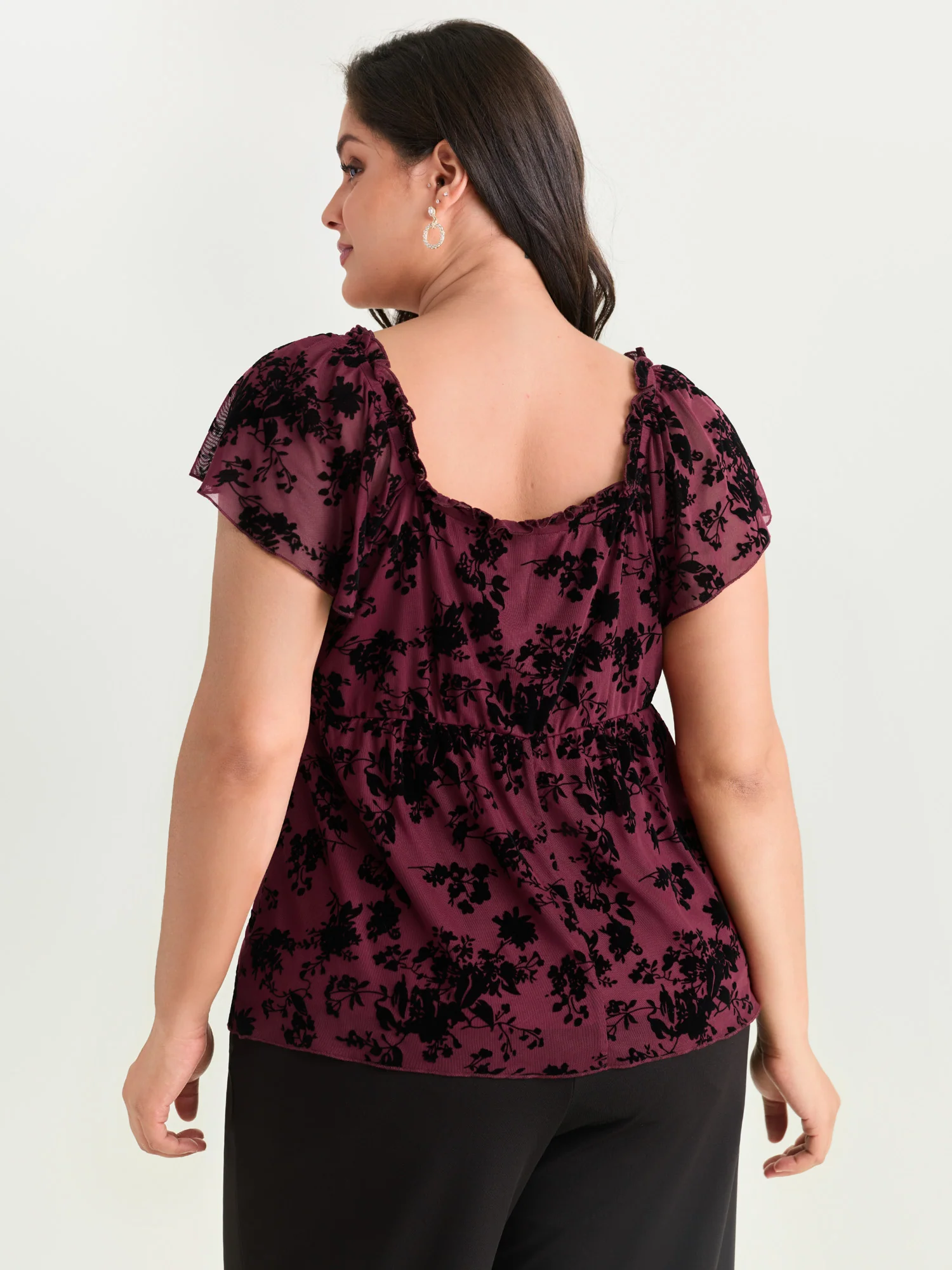 Flocked Floral Drawstring Neckline Knit Top - Image 11
