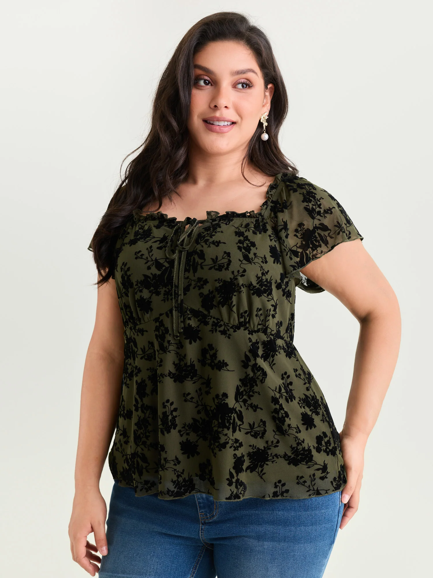 Flocked Floral Drawstring Neckline Knit Top - Image 12