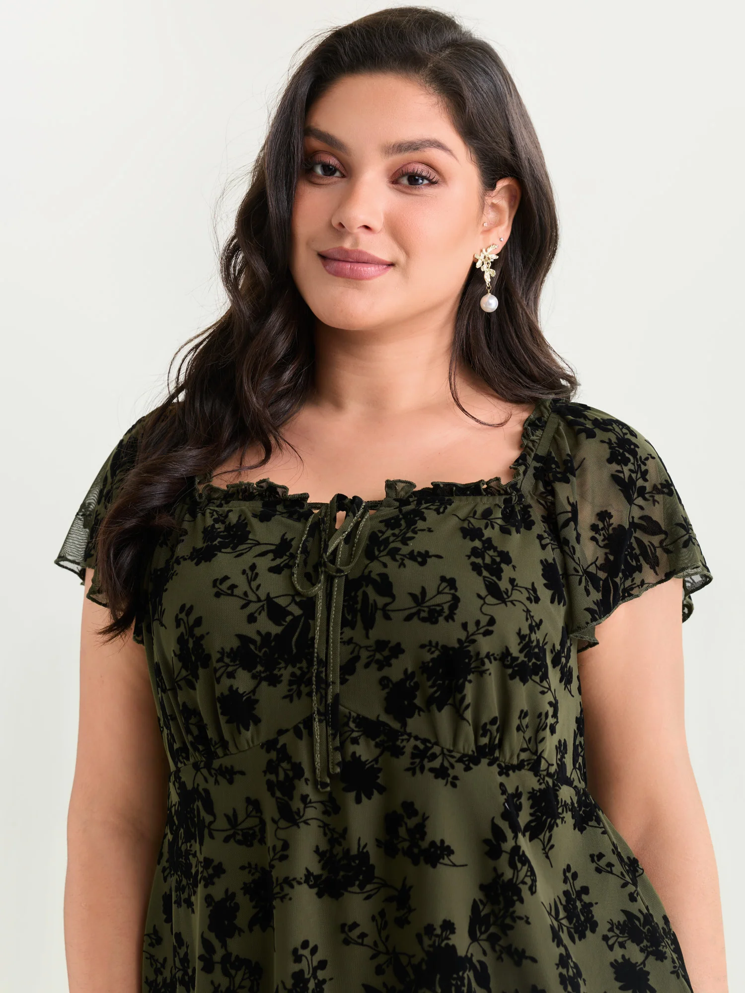 Flocked Floral Drawstring Neckline Knit Top - Image 13