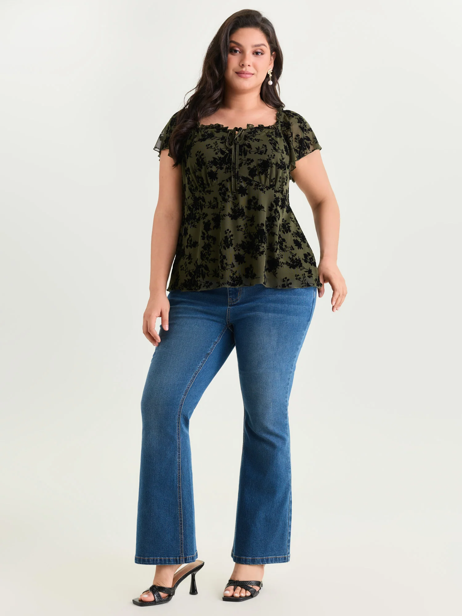 Flocked Floral Drawstring Neckline Knit Top - Image 14