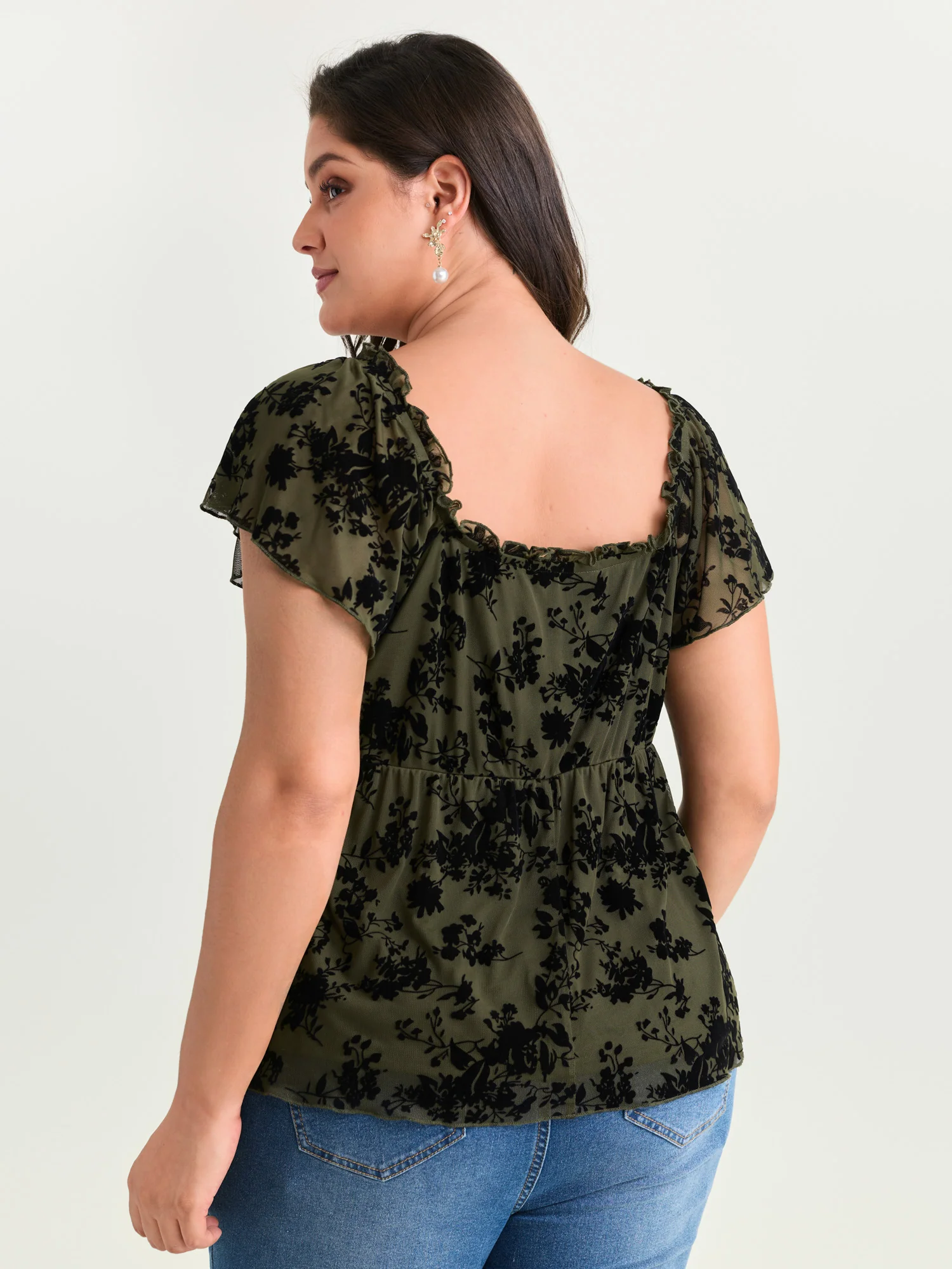 Flocked Floral Drawstring Neckline Knit Top - Image 15