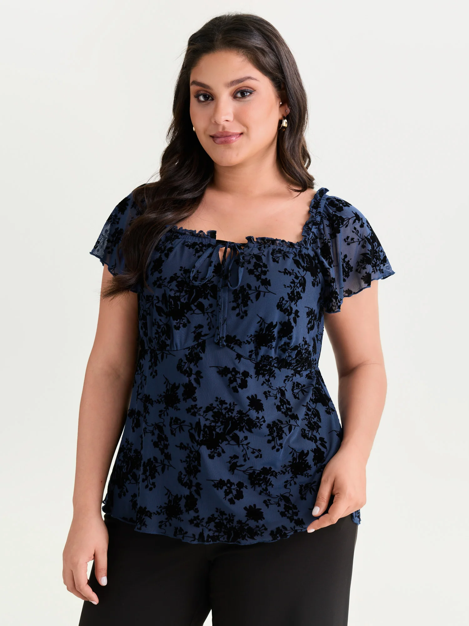Flocked Floral Drawstring Neckline Knit Top - Image 16