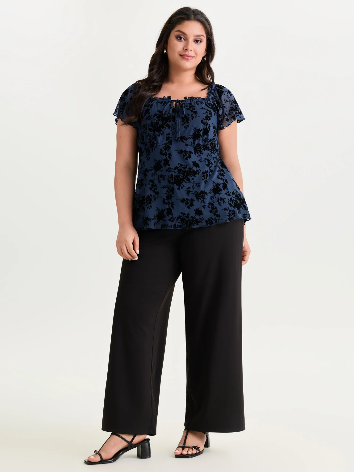 Flocked Floral Drawstring Neckline Knit Top - Image 18