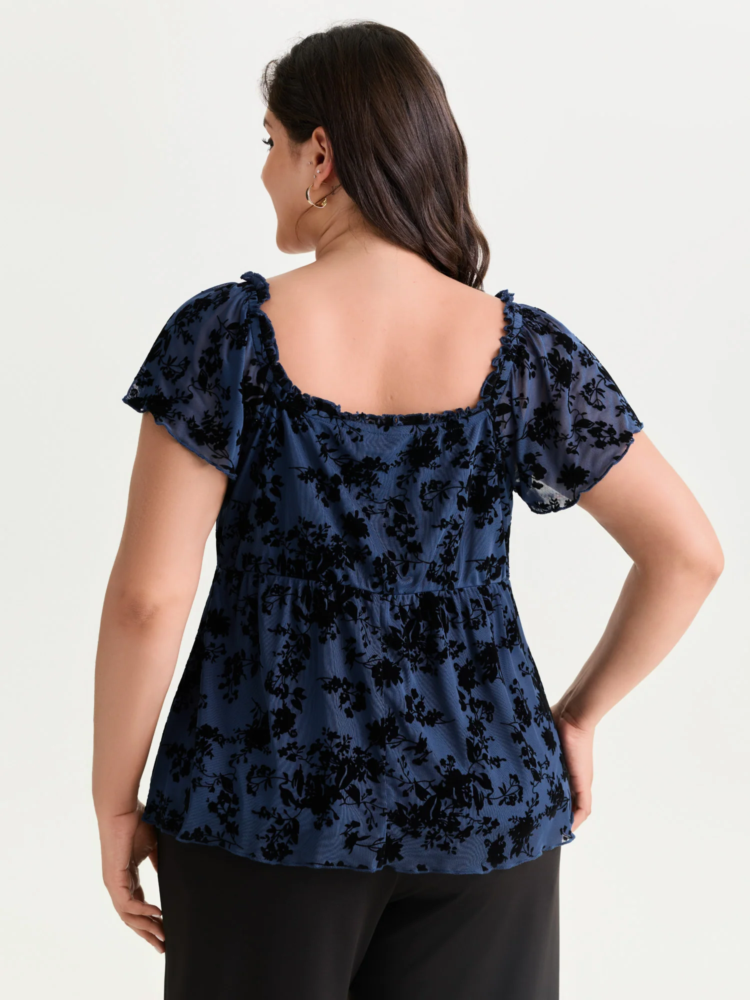 Flocked Floral Drawstring Neckline Knit Top - Image 19