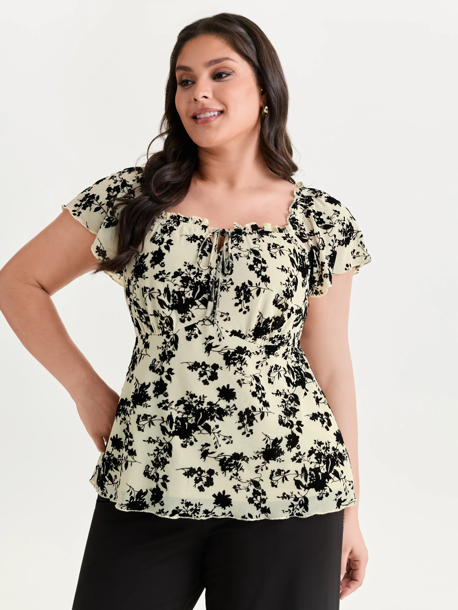 Flocked Floral Drawstring Neckline Knit Top - Image 20