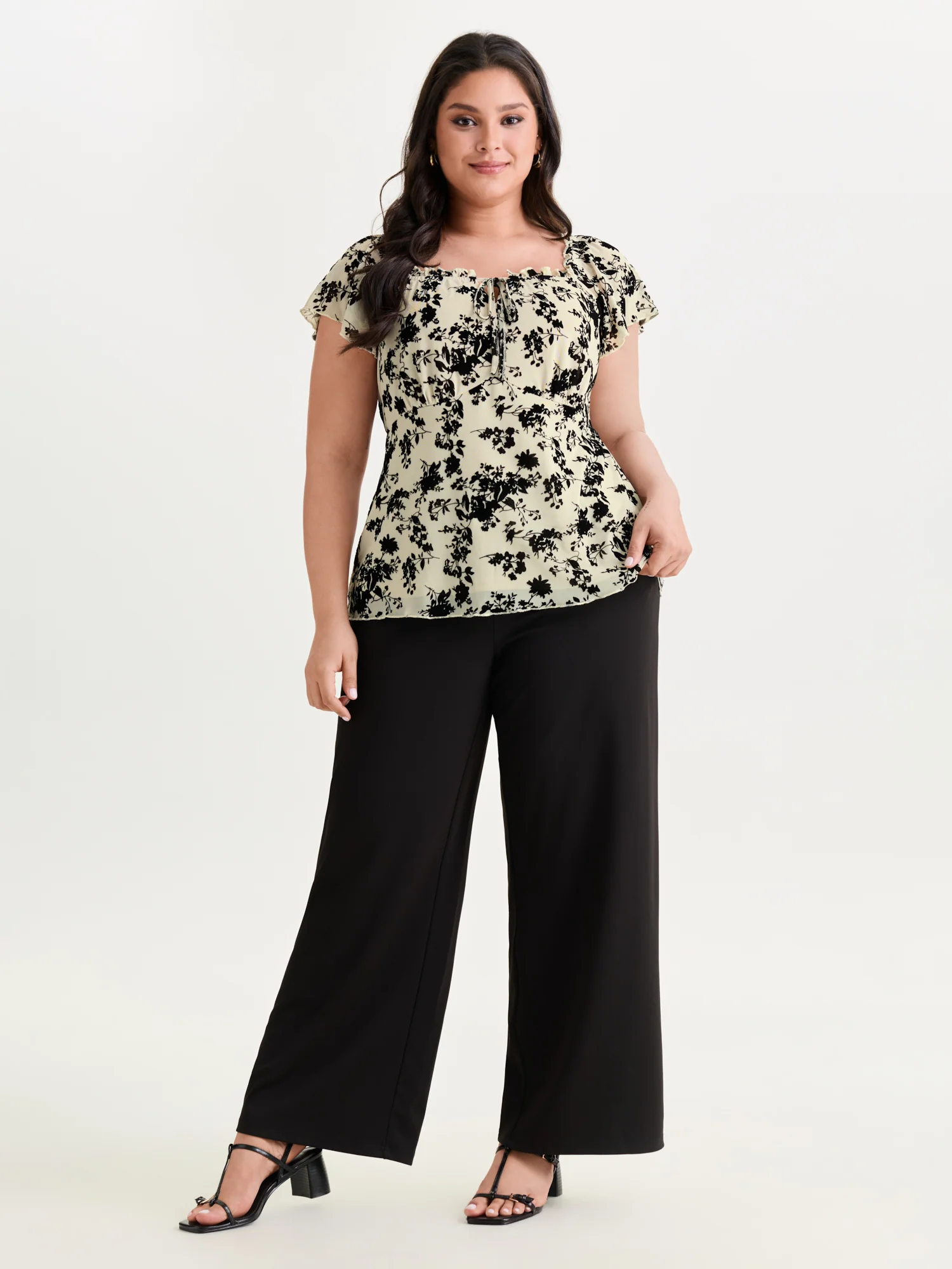 Flocked Floral Drawstring Neckline Knit Top - Image 22