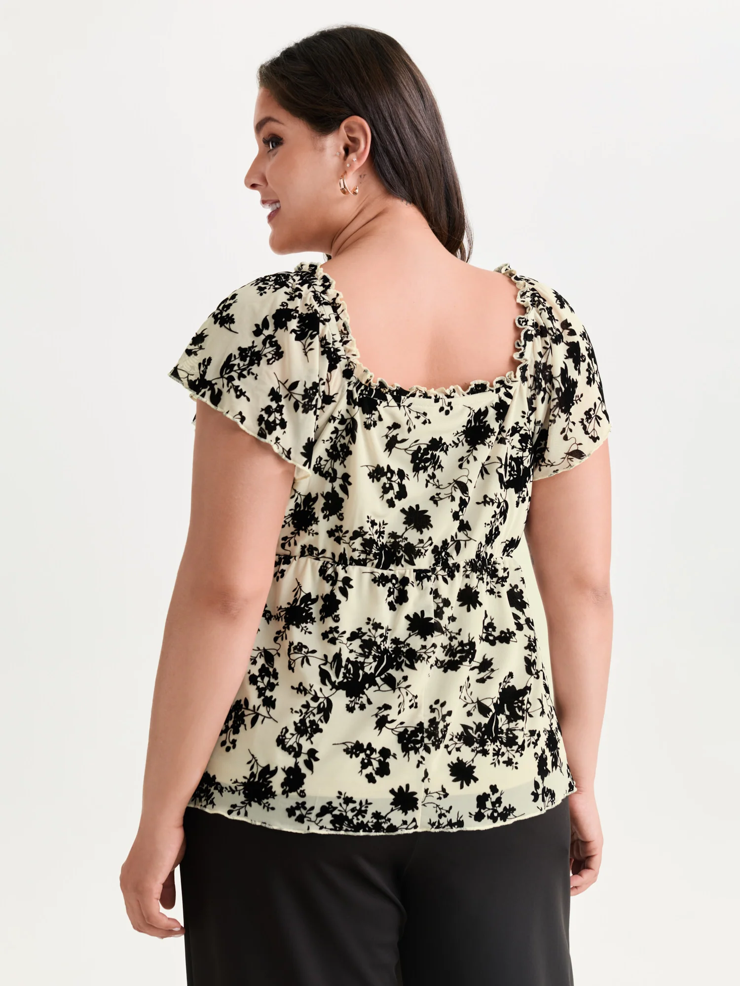 Flocked Floral Drawstring Neckline Knit Top - Image 23