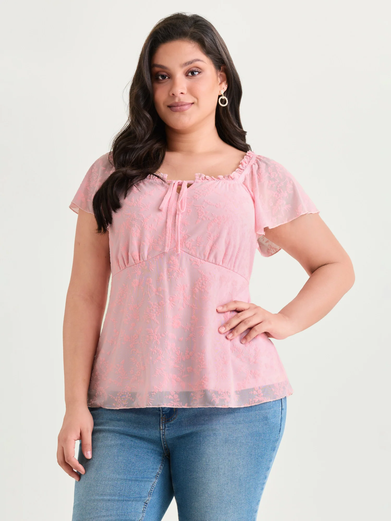 Flocked Floral Drawstring Neckline Knit Top - Image 24