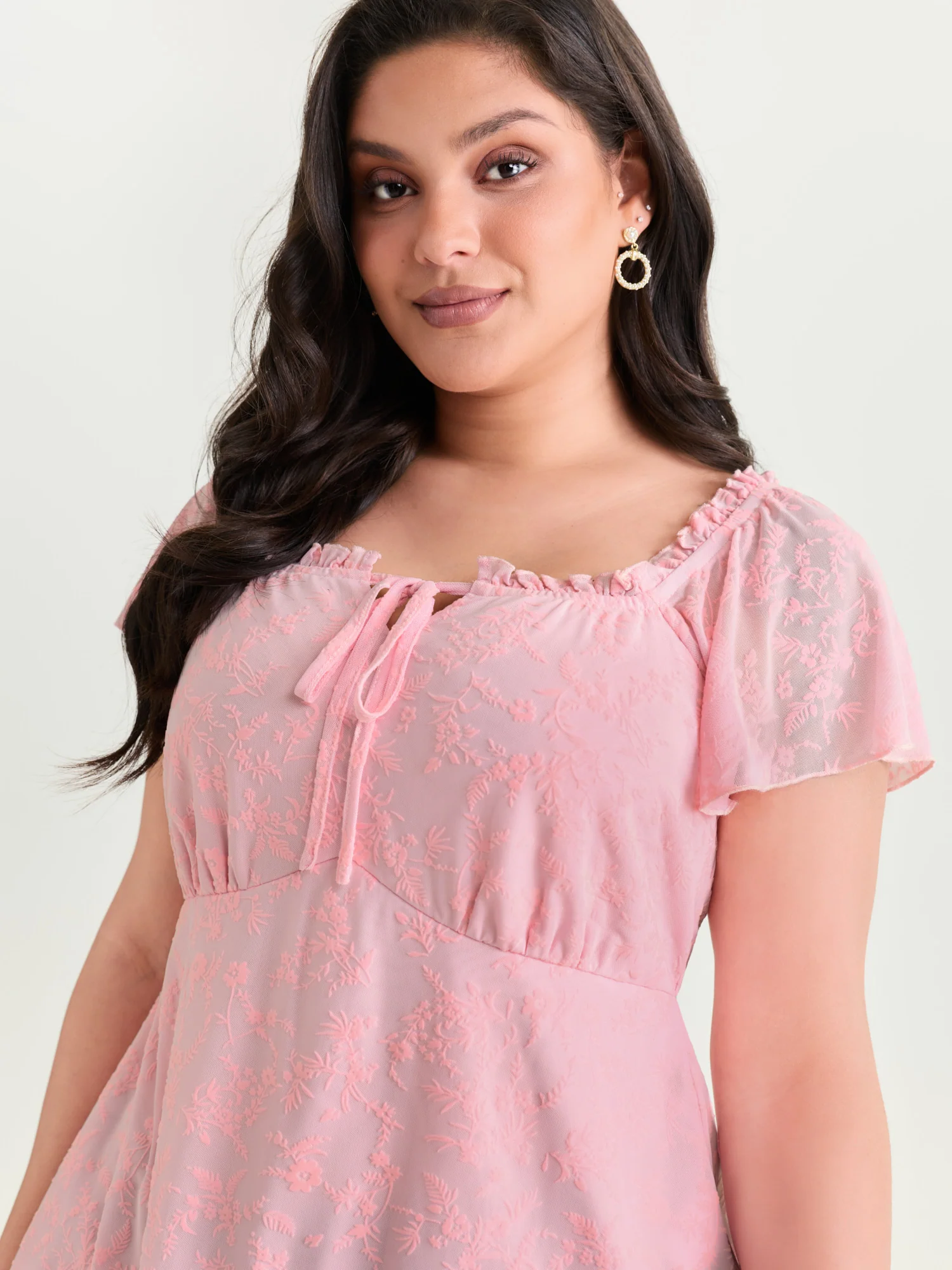 Flocked Floral Drawstring Neckline Knit Top - Image 25