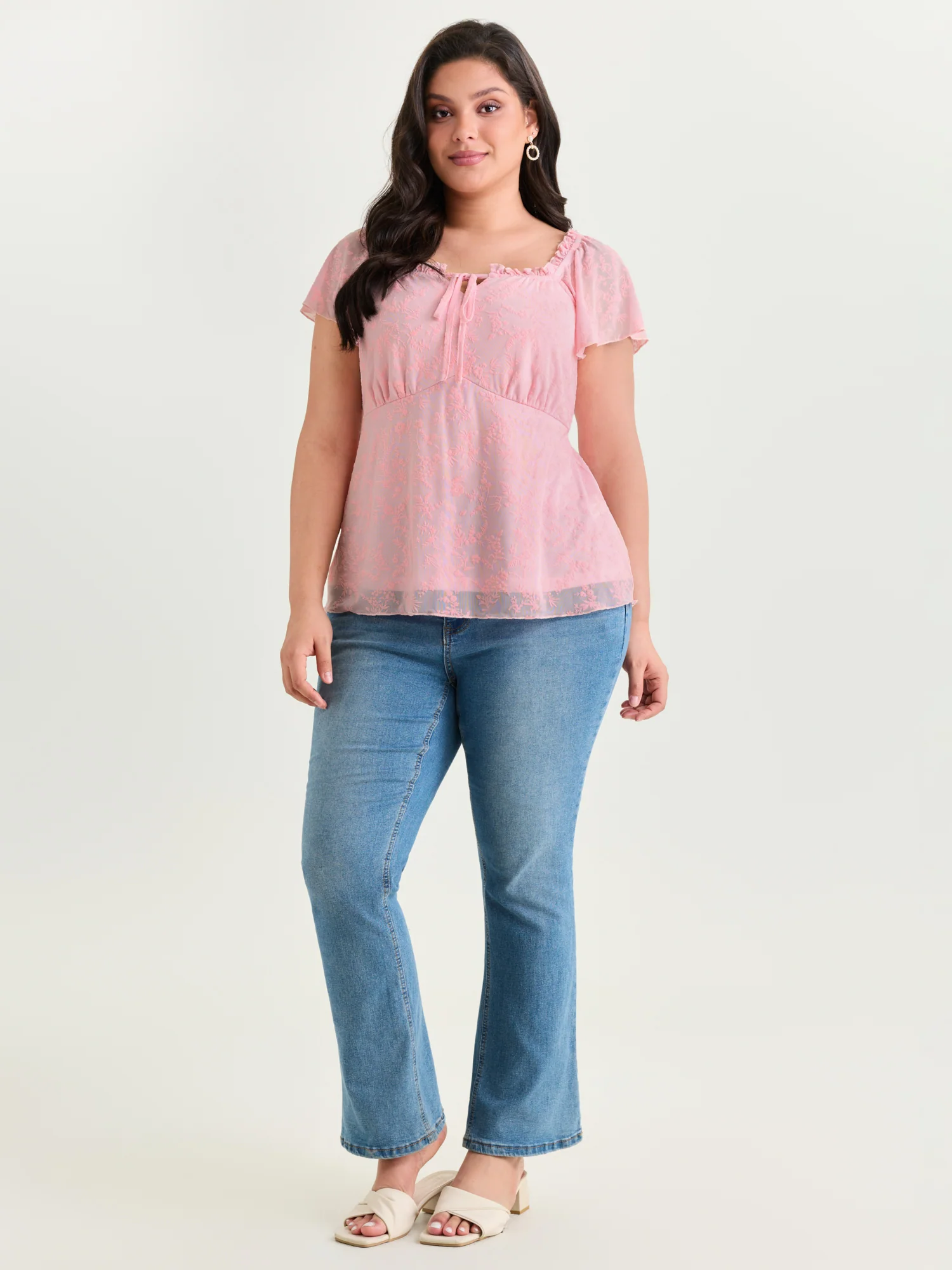 Flocked Floral Drawstring Neckline Knit Top - Image 26