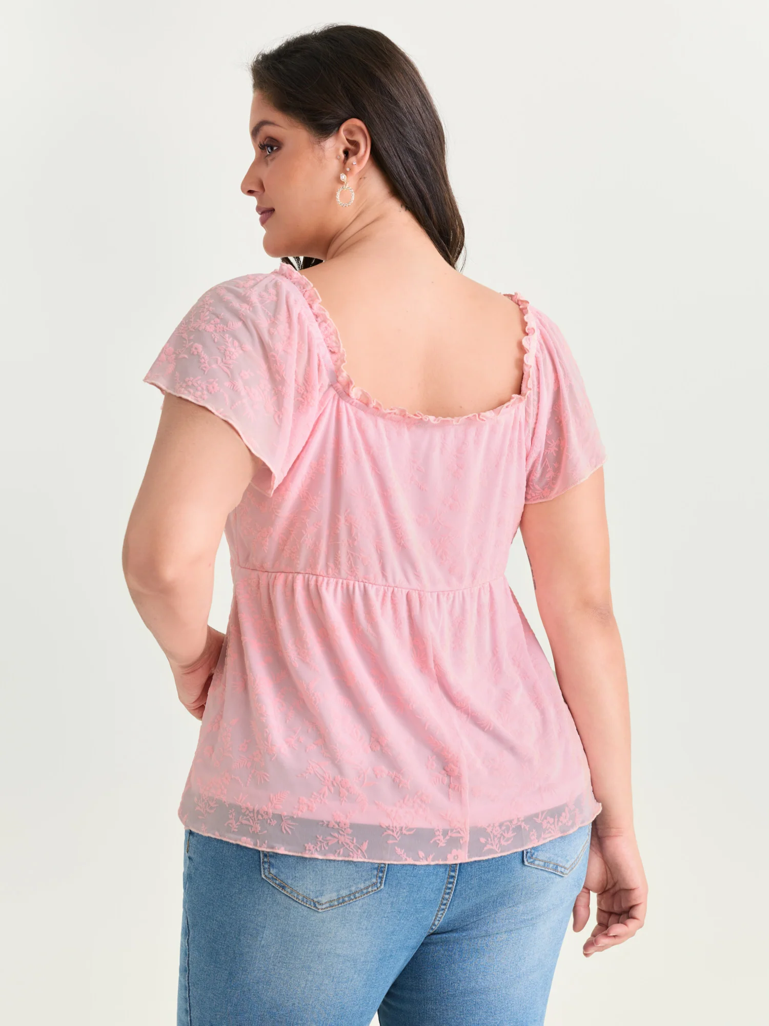 Flocked Floral Drawstring Neckline Knit Top - Image 27