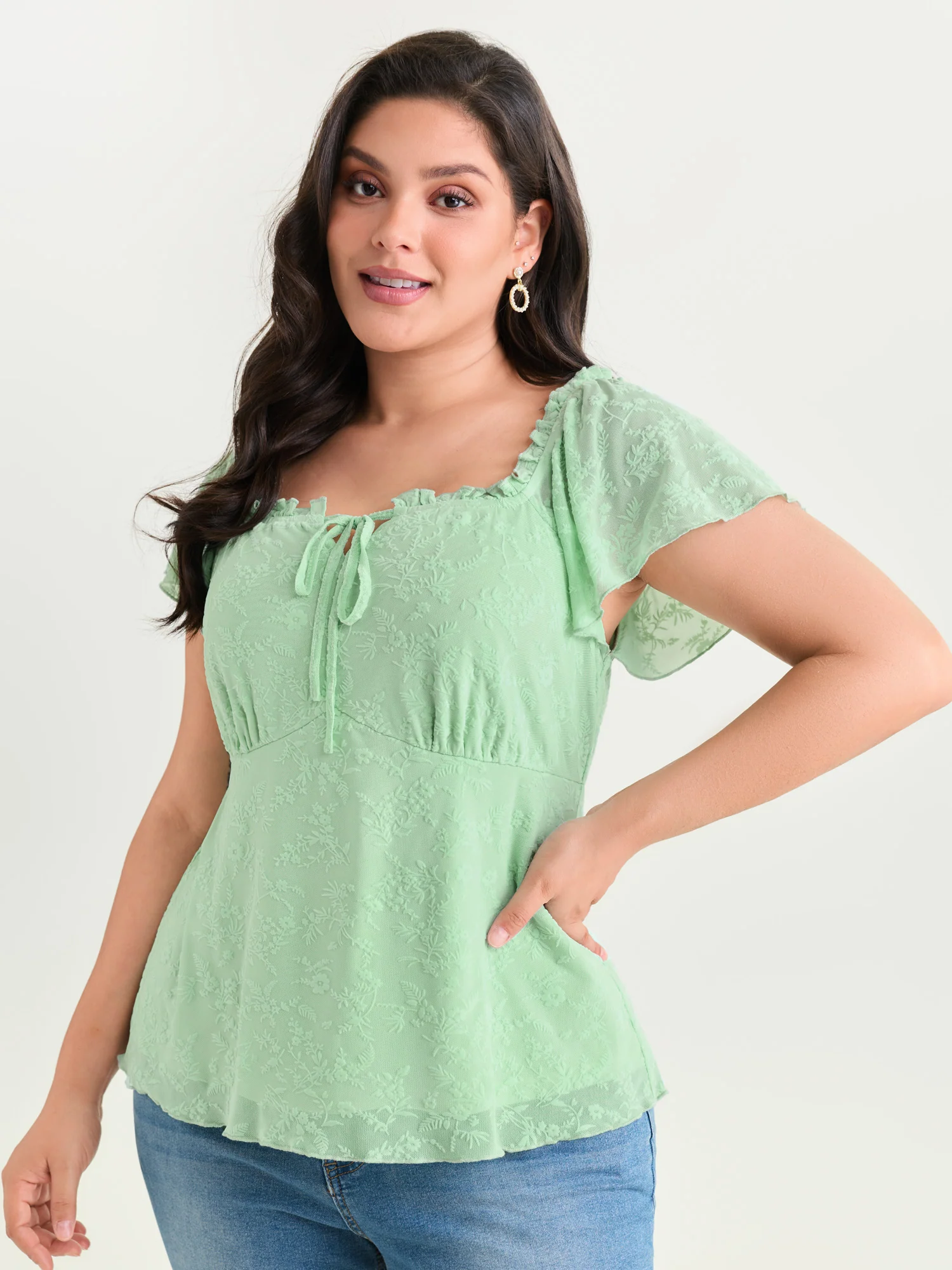 Flocked Floral Drawstring Neckline Knit Top - Image 28